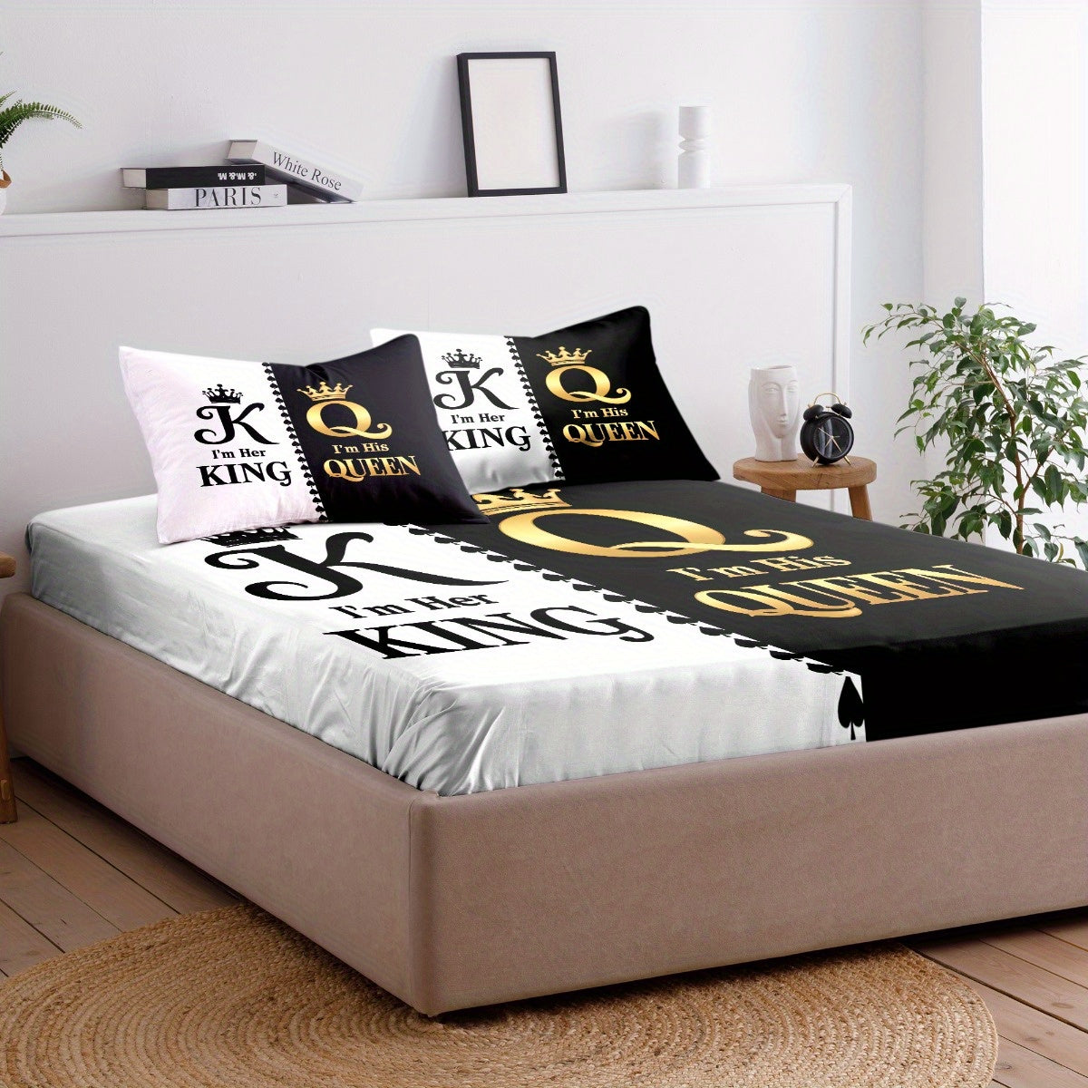King & Queen Print Bedding Set 3pcs, Soft Cozy Non-Slip Lightweight Fitted Sheet with Elastic Corners And Matching Pillowcases, Fashion-Forwad Decorations for Dorm Bedroom Apartment Hotel, Idea for Christmas Birthday Gifts