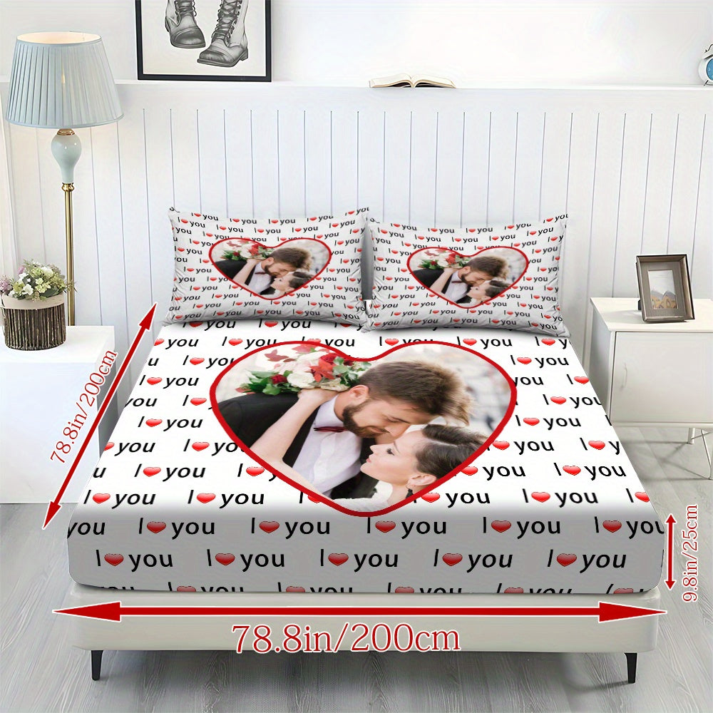Custom 3pcs I Love You Personalized Printed Bedding Set, Couple Fitted Sheet Set - 1*Fitted Sheet + 2*Pillowcases, Coreless Elegant Design, Soft & Breathable Light Beige-Friendly Bed Linens in Multiple Sizes, Perfect Home Decor with Comfortable Mattress