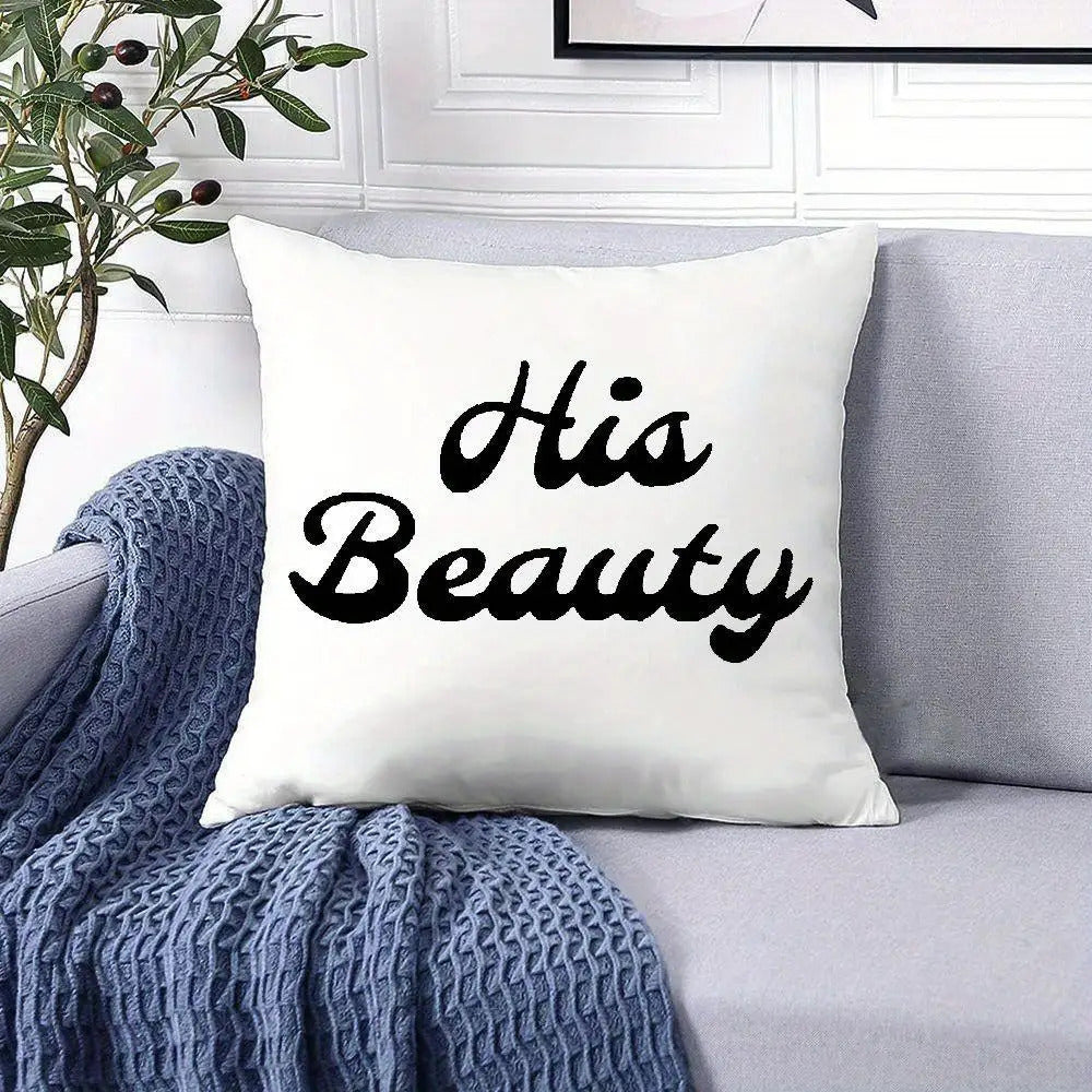 His & Hers Couple's Pillowcase - Funny Romantic Gift with His Beauty & Her Name/Initials, Elegant Cursive Lettering on White, Zipper Closure, Hand Wash Only, Retro Style Matching Bedding for Couples