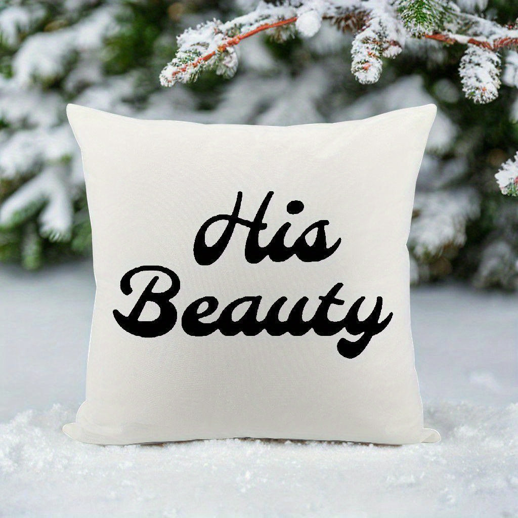 His & Hers Couple's Pillowcase - Funny Romantic Gift with His Beauty & Her Name/Initials, Elegant Cursive Lettering on White, Zipper Closure, Hand Wash Only, Retro Style Matching Bedding for Couples