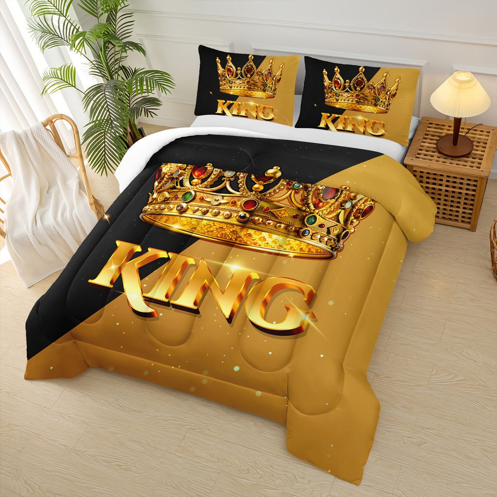 3pcs King Queen Crown Letter Print Quilt Set, Couple'S Quilt Set, Ruby Crown Print Black And Yellow Bedding Set, Valentine'S Day Themed Wedding Room Decor, 1 Quilt+2 Pillowcases (without Pillow Core)