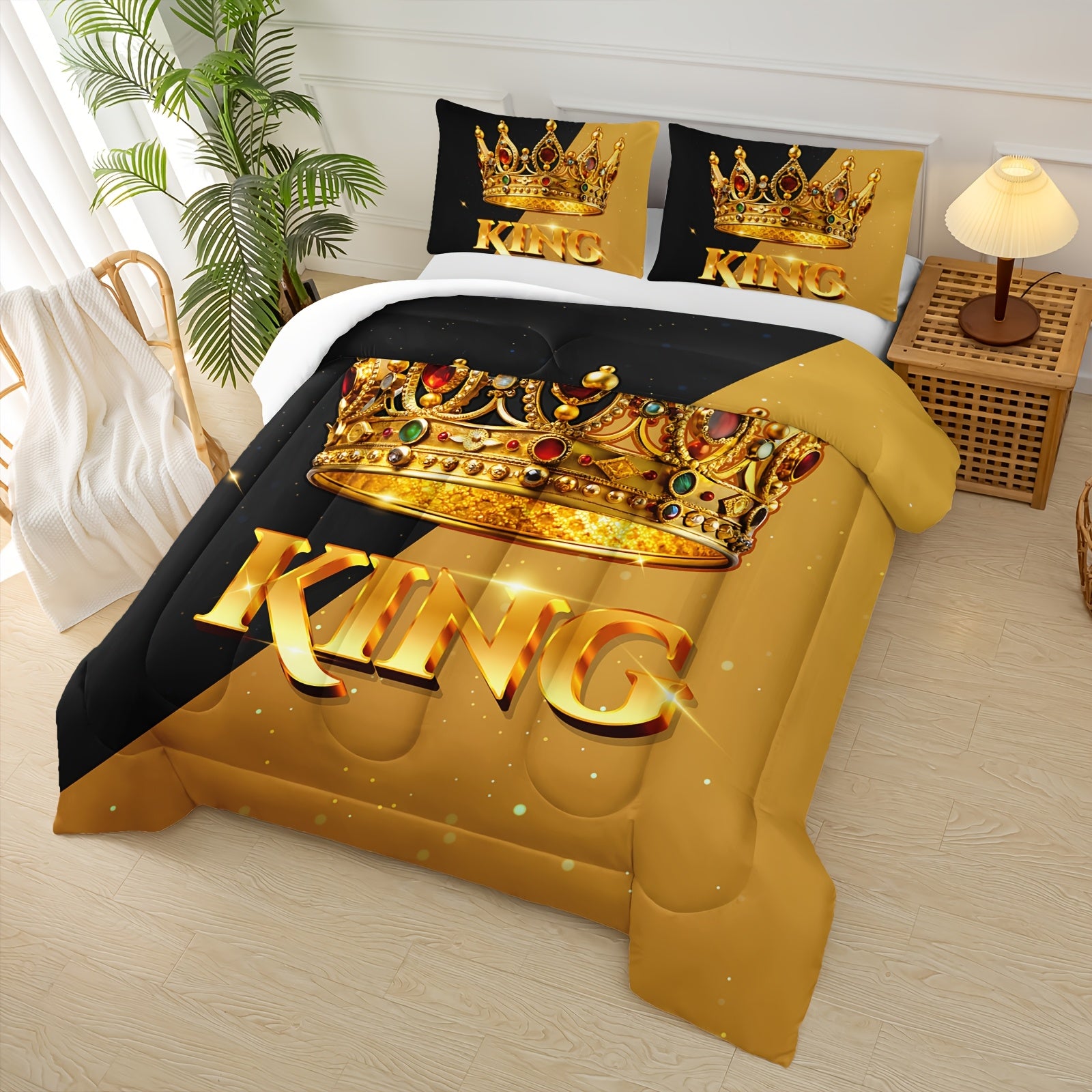 3pcs King Queen Crown Letter Print Quilt Set, Couple'S Quilt Set, Ruby Crown Print Black And Yellow Bedding Set, Valentine'S Day Themed Wedding Room Decor, 1 Quilt+2 Pillowcases (without Pillow Core)