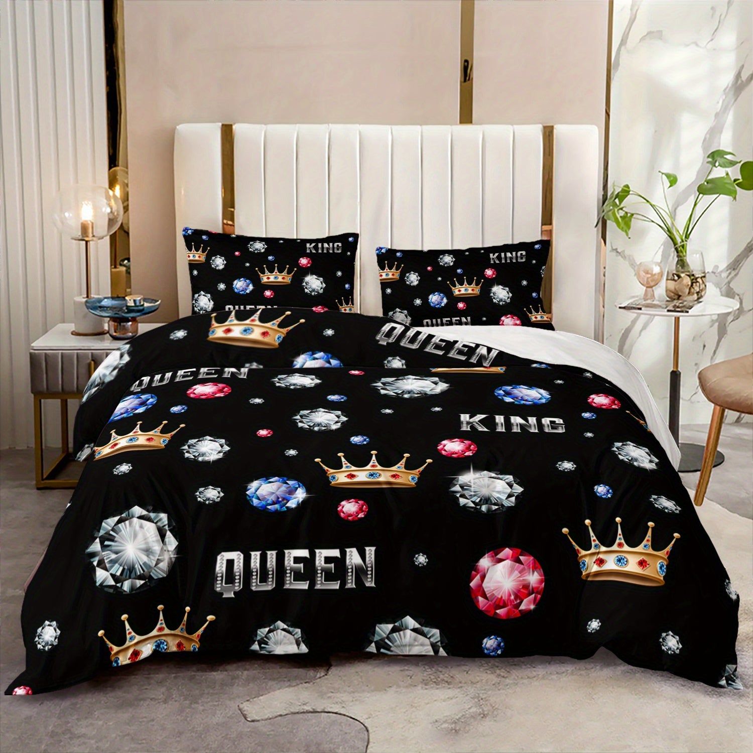 3pcs King Queen Crowns and Diamonds 3D Digital Printed Duvet Cover Set Romantic Couple Bedding Set for Four Season Queen Size Black Bedding for Bedroom or Guest Room Decor Polyester Comforter Cover Gift 1 Quilt Cover+2 Pillowcases