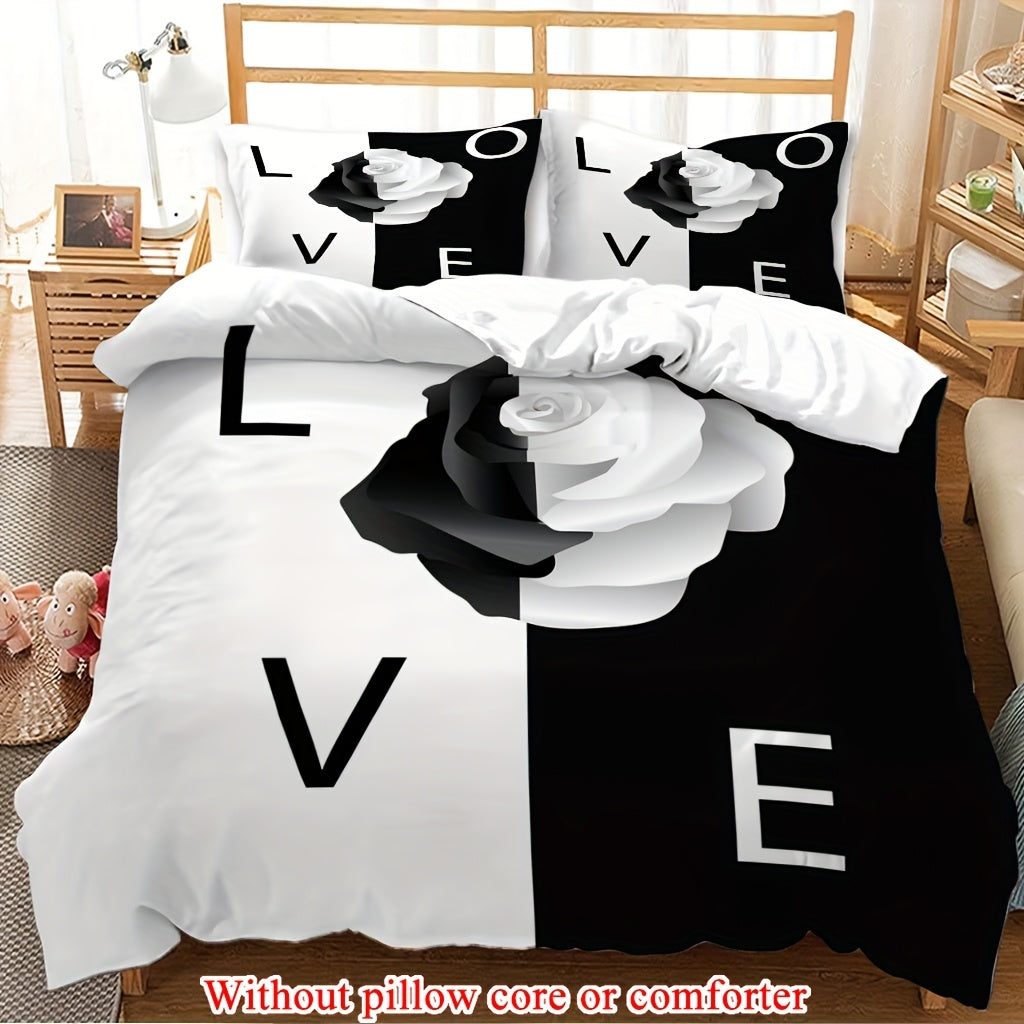 2/3pcs (1 Duvet Cover + 1/2 Pillowcase, Without Core) Black and White Background Rose Flowers Romantic Valentine's Day Lover Couple 3D Print Soft Comfortable Bedding Set for Bedroom Dorm Room Family Gift