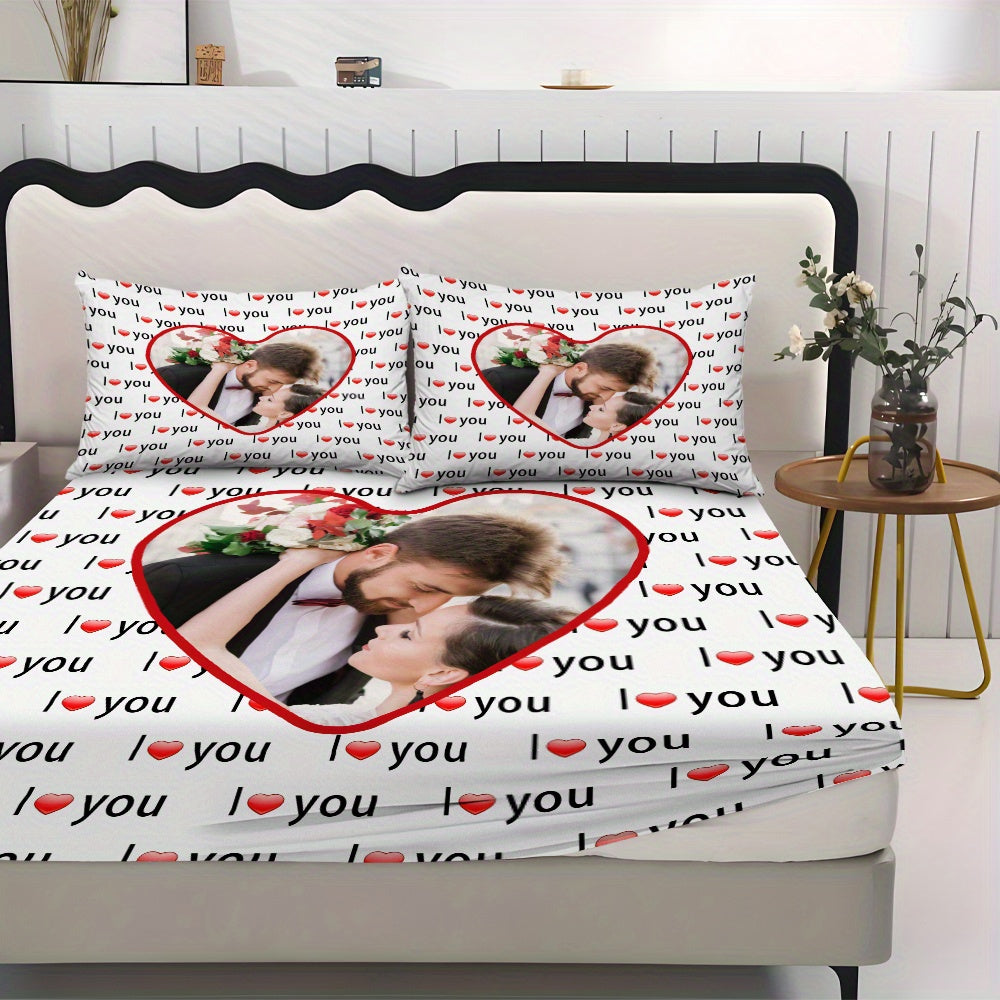 Custom 3pcs I Love You Personalized Printed Bedding Set, Couple Fitted Sheet Set - 1*Fitted Sheet + 2*Pillowcases, Coreless Elegant Design, Soft & Breathable Light Beige-Friendly Bed Linens in Multiple Sizes, Perfect Home Decor with Comfortable Mattress