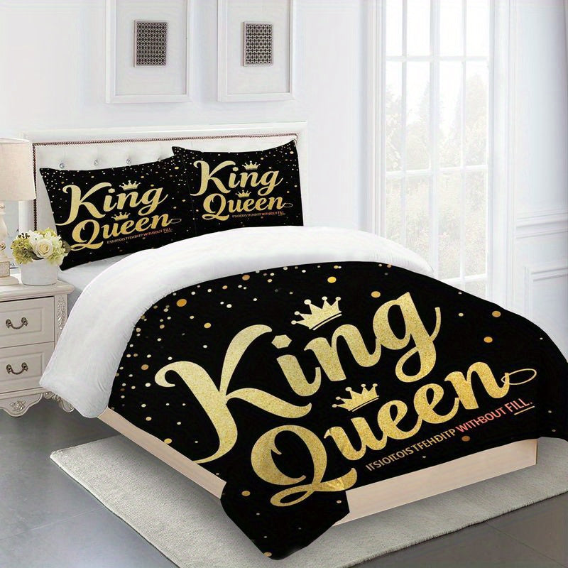 3pcs Luxury King Queen Crown Bedding Golden Letter Print Duvet Cover, Modern Romantic Black Theme Bedroom Decor, Soft Polyester Fabric for Master Guest Room 1 Duvet Cover+2 Pillowcases, Queen Size Bedding Set, King Size Christmas Bedding Sets, Queen Bed