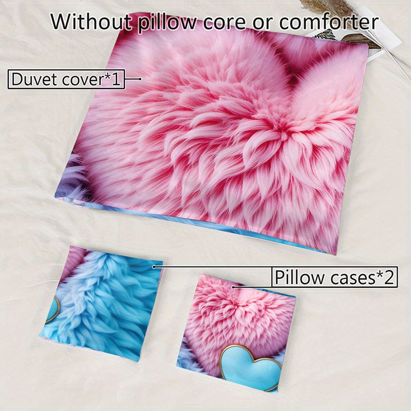2/3pcs Pink Blue Feather Love Heart Duvet Cover Set (1 Duvet Cover + 1/2 Pillowcases Without Pillow Inserts), Four Seasons Home Dormitory High-definition Print Romantic Soft and Comfortable Couple Style