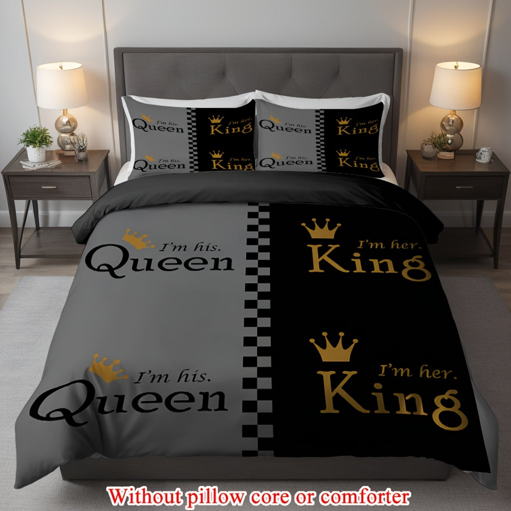 2/3pcs (1 Duvet Cover + 1/2 Pillowcase, Without Core) Couple Grey Black King Queen Crown Geometric Grid Valentine's Day Romantic Love Print Soft Comfortable Bedding Set for Bedroom Dorm Room Family Gift