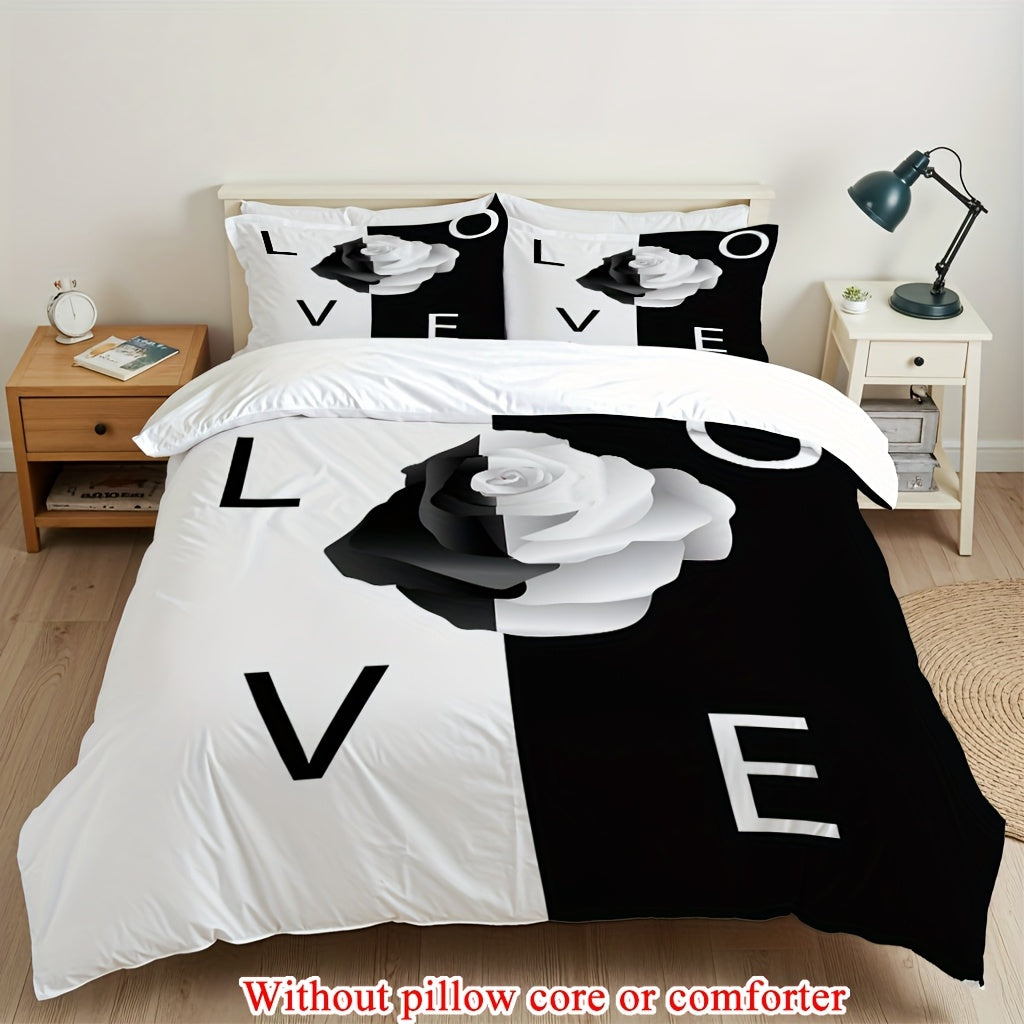 2/3pcs (1 Duvet Cover + 1/2 Pillowcase, Without Core) Black and White Background Rose Flowers Romantic Valentine's Day Lover Couple 3D Print Soft Comfortable Bedding Set for Bedroom Dorm Room Family Gift