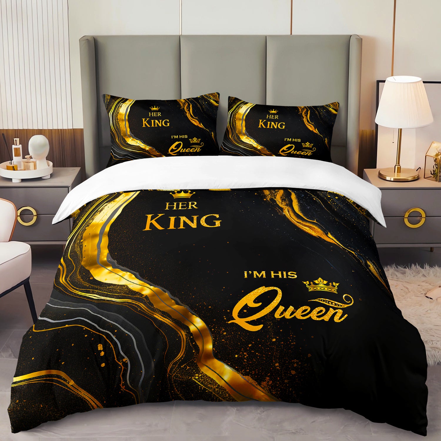 3pcs King Queen Couple 3D Digital Printed Duvet Cover Set Romantic Luxury Bedding Set for Four Season Black Golden Bedding for Bedroom or Guest Room Decor Polyester Comforter Cover Gift 1 Quilt Cover+2 Pillowcases