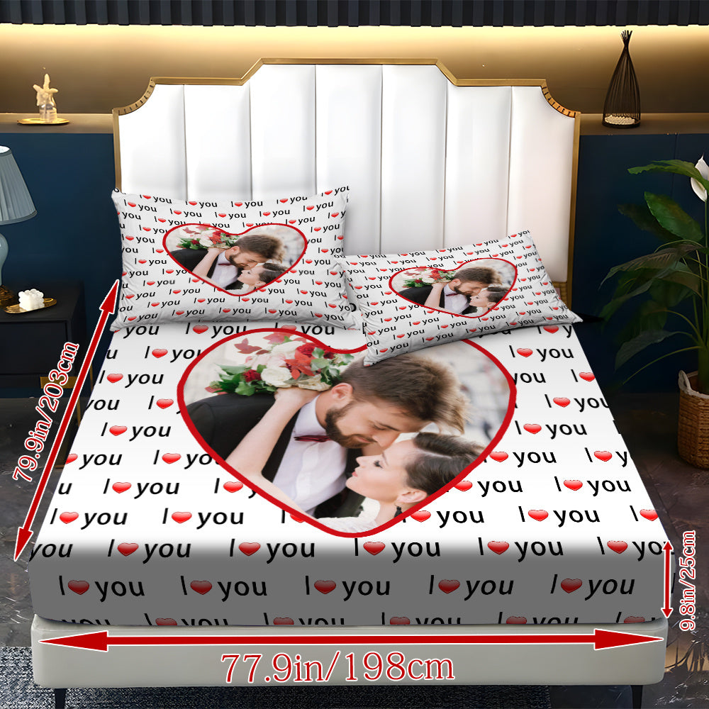 Custom 3pcs I Love You Personalized Printed Bedding Set, Couple Fitted Sheet Set - 1*Fitted Sheet + 2*Pillowcases, Coreless Elegant Design, Soft & Breathable Light Beige-Friendly Bed Linens in Multiple Sizes, Perfect Home Decor with Comfortable Mattress