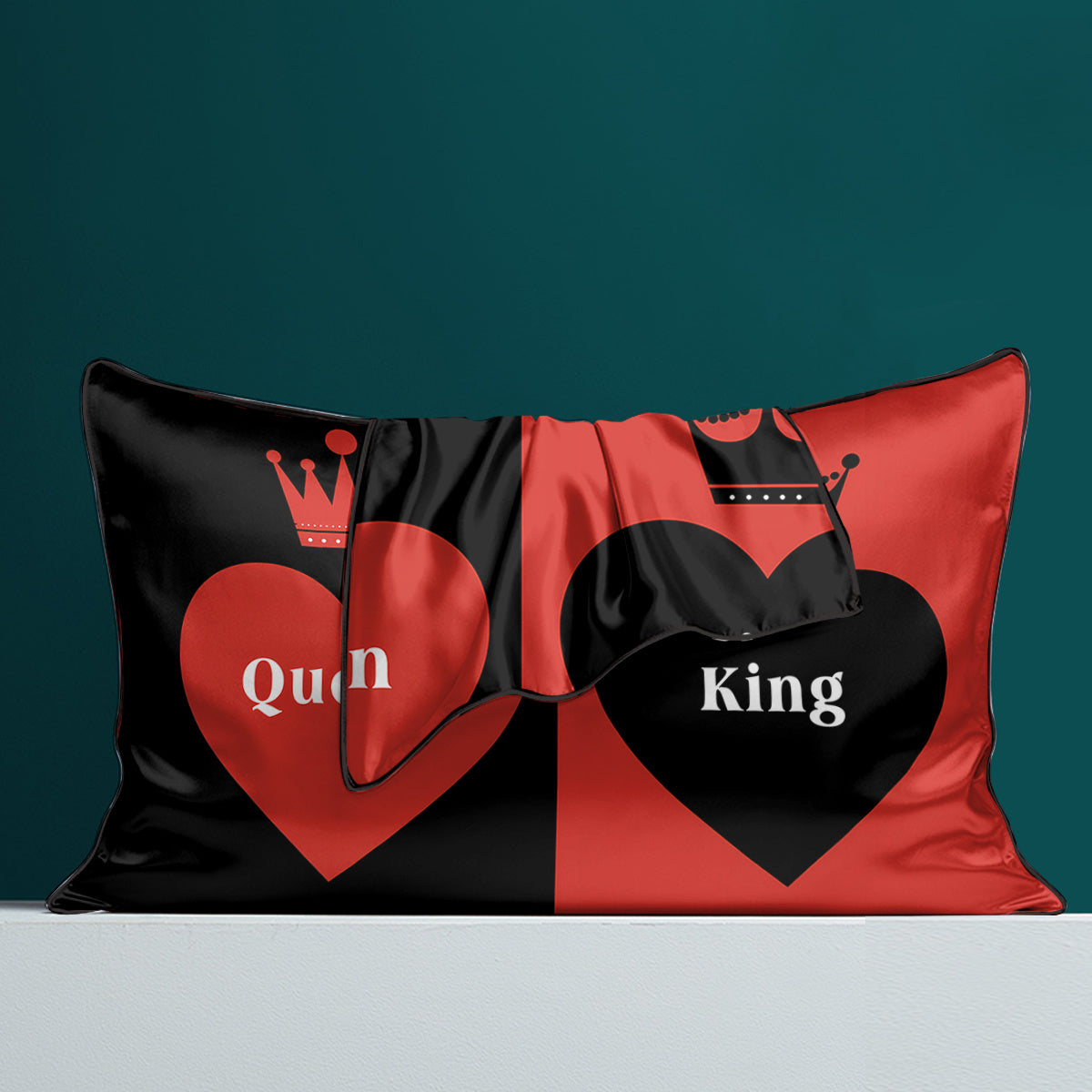 2pcs Royal Crown & Heart Print Satin Pillow Covers - "Queen" & "King" Design, 100% Polyester, Machine Washable, Perfect for Bedroom Decor, Bedroom Decor|Royal Theme Decor|Smooth Texture