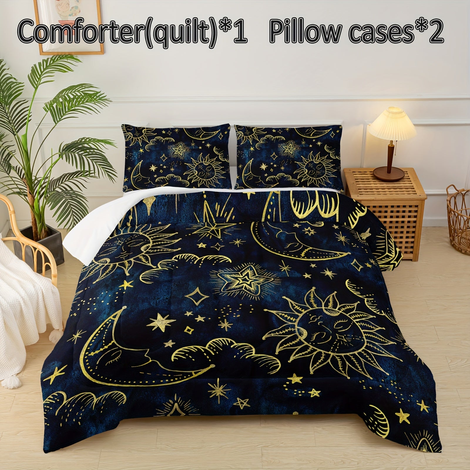 3-pcs Couple Comforter Set, Sun And Moon Themed Printed Bedding, Creative Design Queen And King Comforter Set For Adults Elegant And Comfortable Down Comforter Set (1*Comforter + 2*Pillowcase, Without Core)