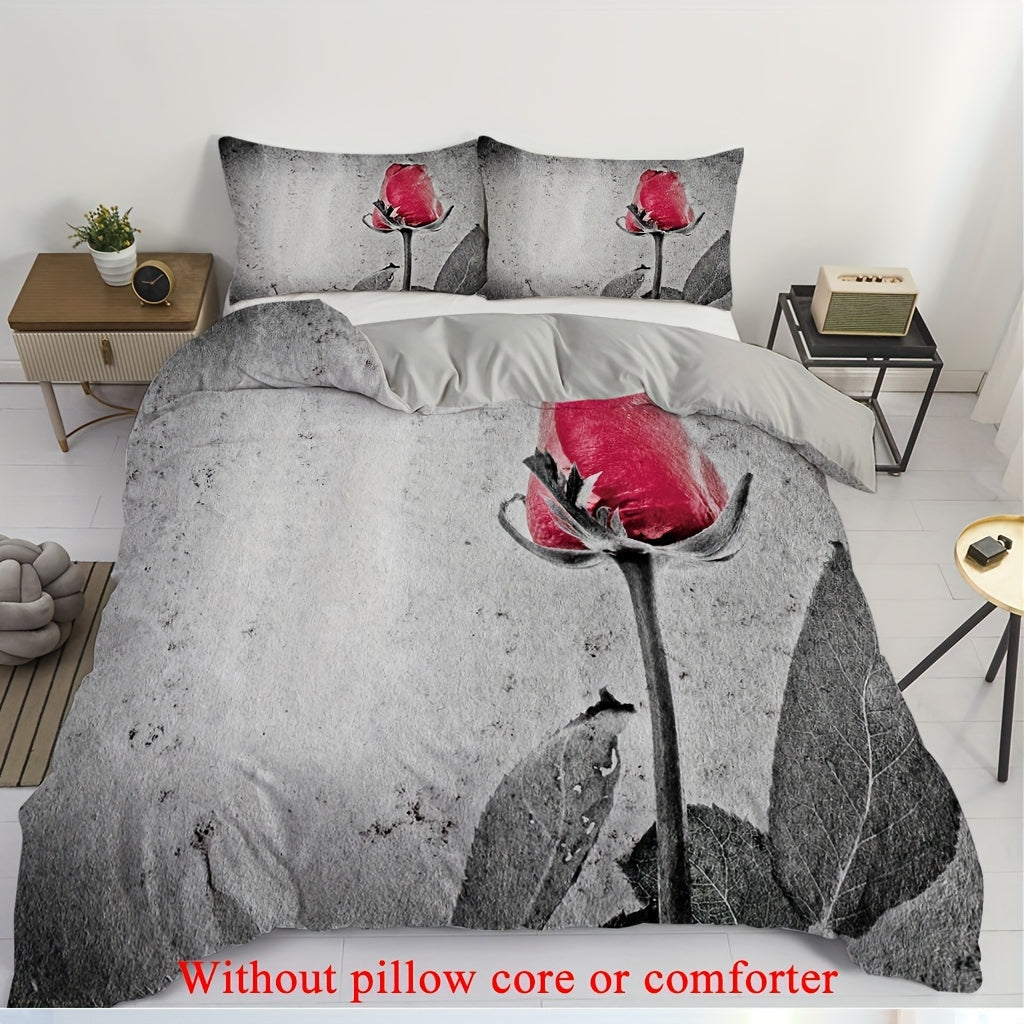 2/3pcs (1 Duvet Cover + 1/2 Pillowcase, Without Core) Retro Grey Background Red Rose Flowers Romantic Love Valentine'S Day Couple Print Soft Comfortable Bedding Set for Bedroom Dorm Room Family Gift