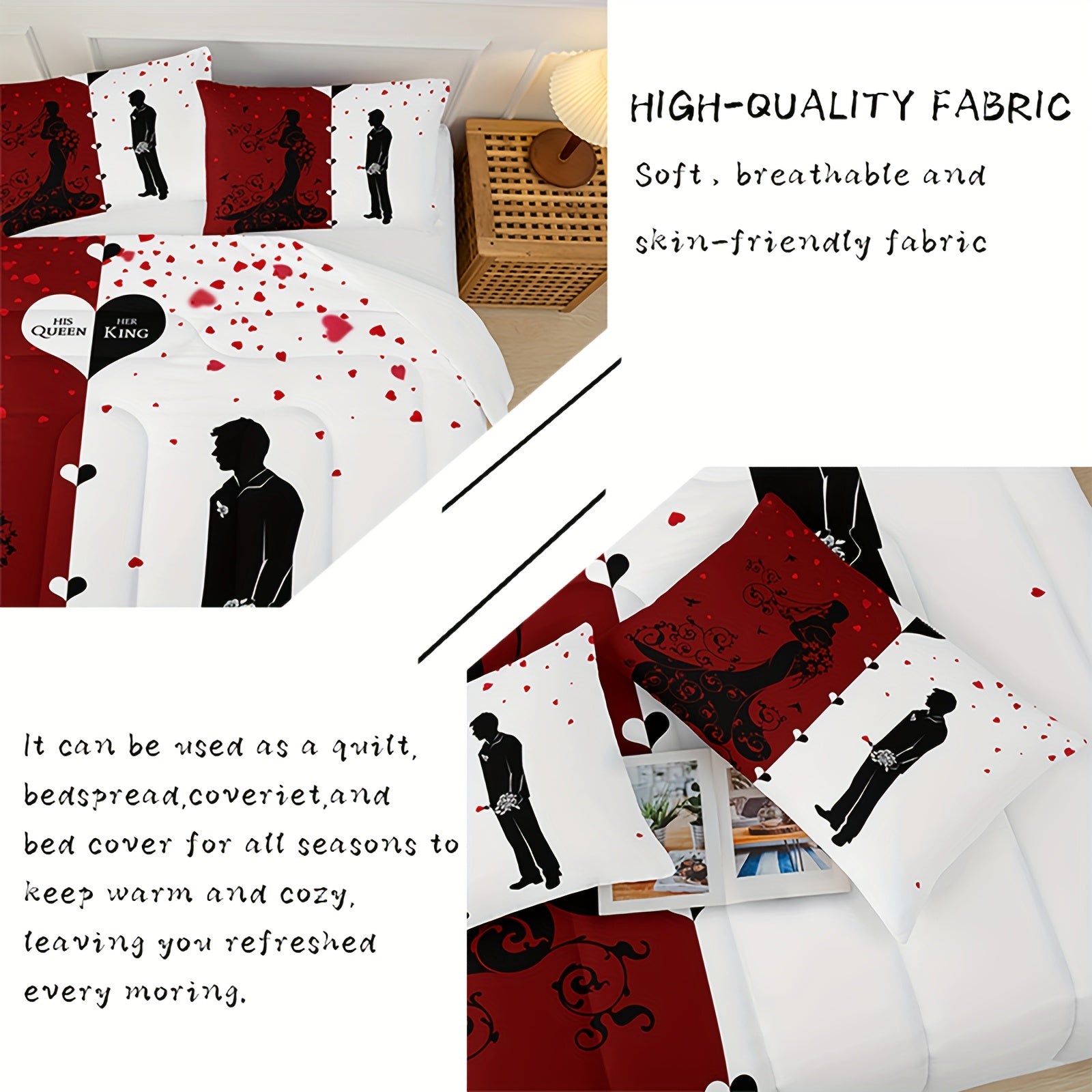 3pcs Set Valentine's Day Love Comforter Set, Red And White Bedding Set (1 Bed Comforter + 2 Pillow Cases), Four Seasons Comforter, Soft Comfortable And Breathable Printed Bedding for Home Dorm Decoration