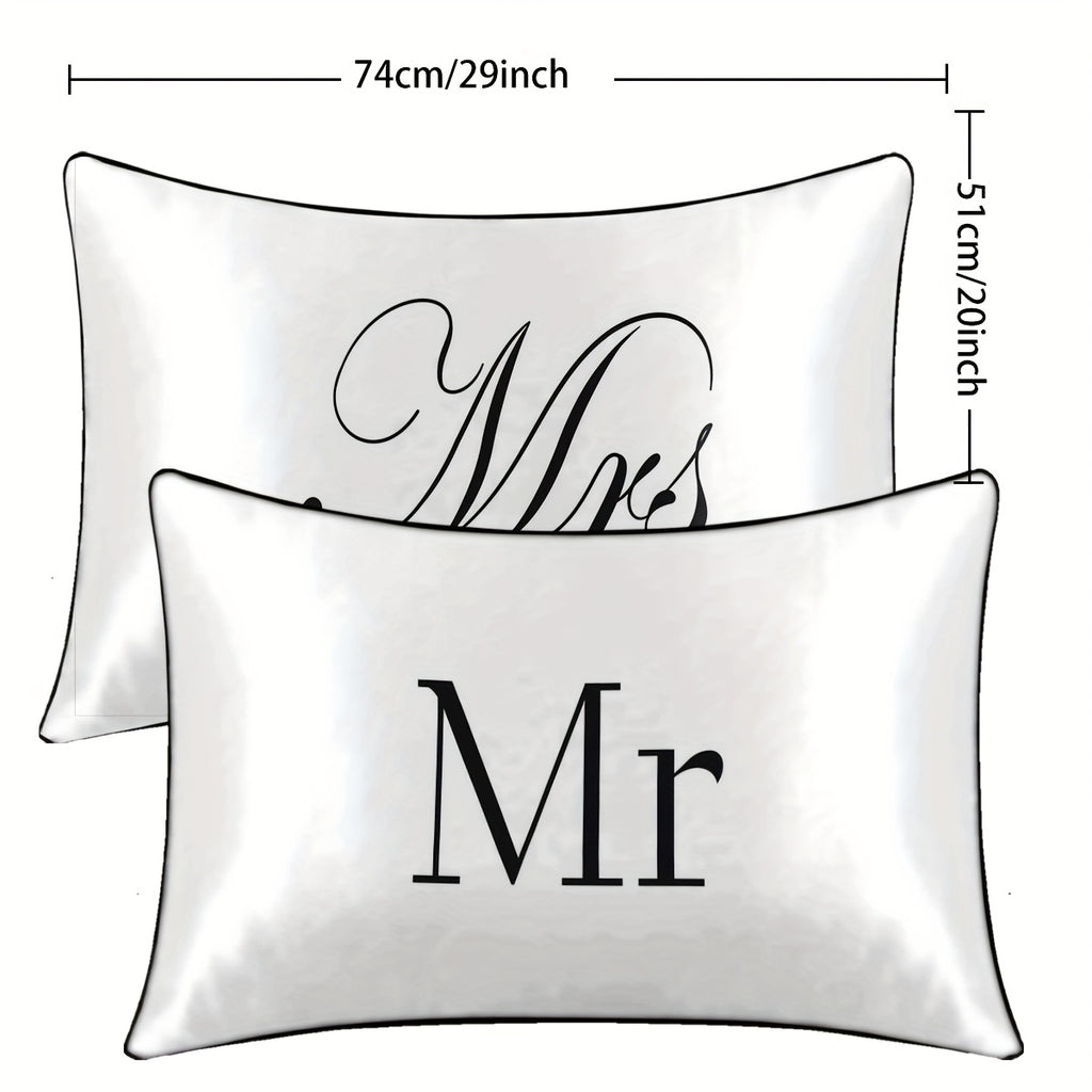2pcs 100% Polyester Mr. And Mrs. Printed Bedroom Decorative Satin Pillowcases Available For All Seasons