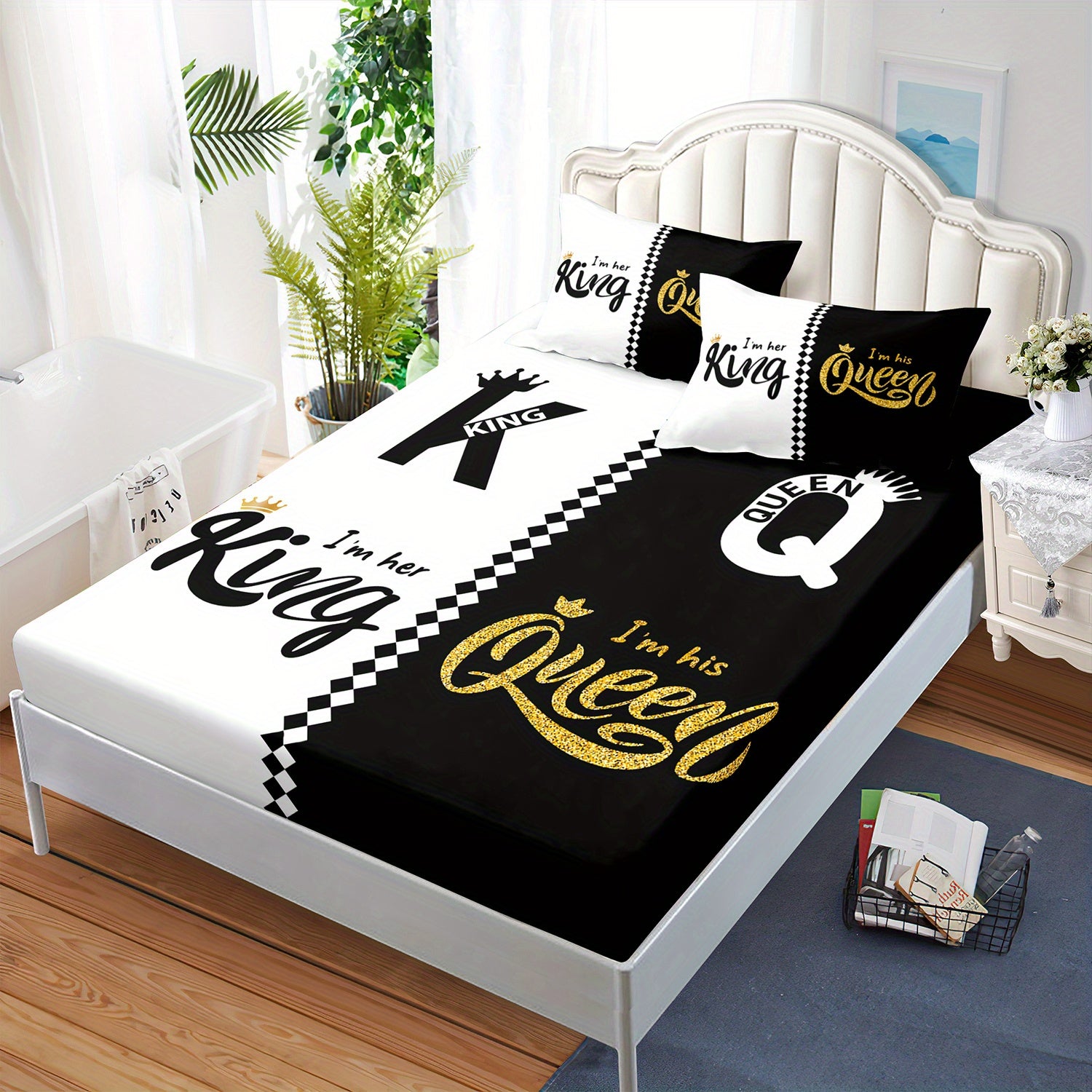 3pcs King Queen Fitted Sheets Black White Printed Bed Sheet Set for Bedroom Dormitory And Guest Decoration Couple Pattern Bedding Set1 Fitted Sheet + 2 Pillowcases Without Core
