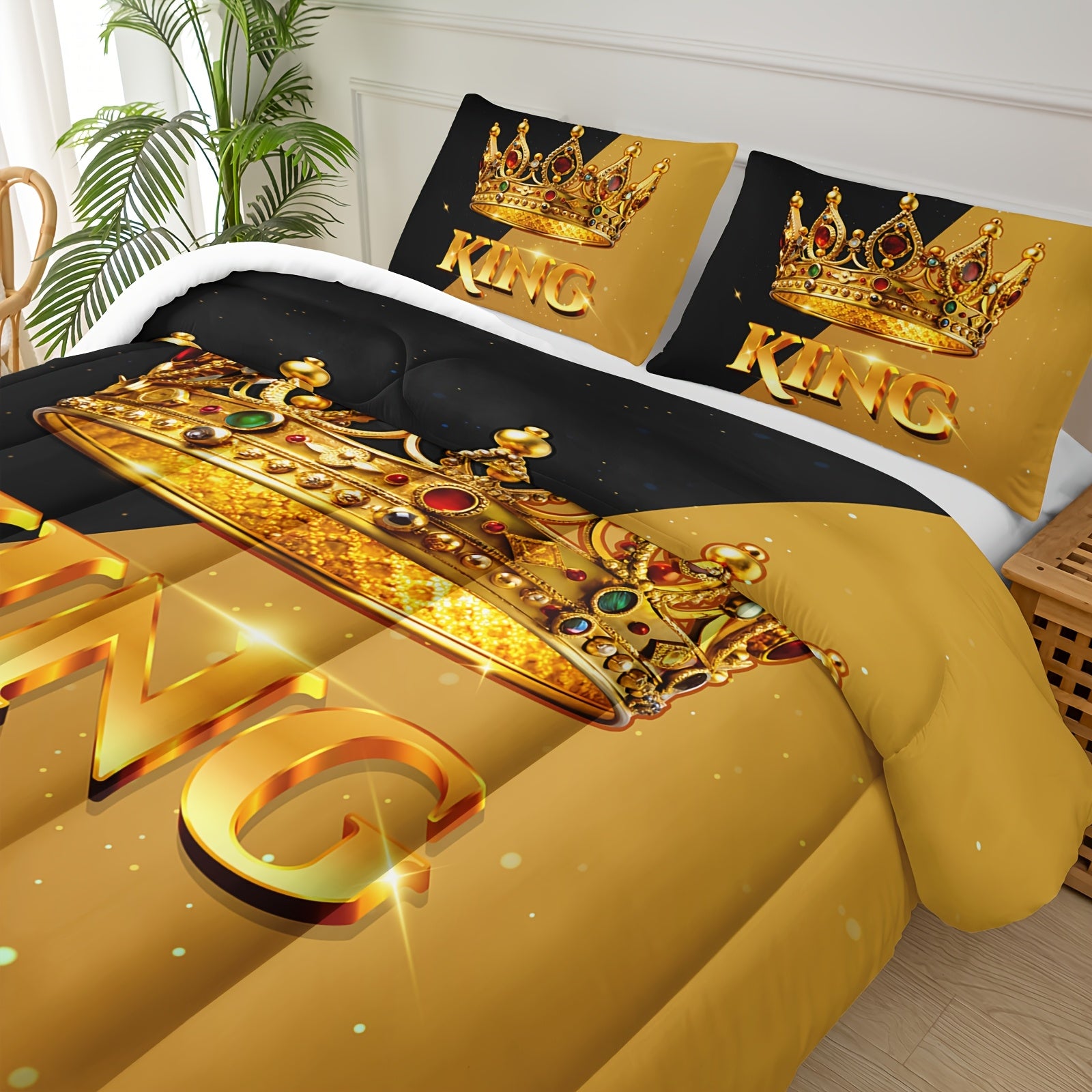 3pcs King Queen Crown Letter Print Quilt Set, Couple'S Quilt Set, Ruby Crown Print Black And Yellow Bedding Set, Valentine'S Day Themed Wedding Room Decor, 1 Quilt+2 Pillowcases (without Pillow Core)