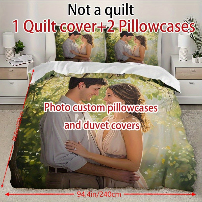 Customize Your Personalized Photos 2/3pcs Set – Exclusive Couple Photo Quilt Cover & Pillowcase Set for All Seasons, Polyester Fabric with Zipper Closure and Single-Sided Printing, Machine Washable – Bedding Set (1x Quilt + 2x Pillows), No Inserts,