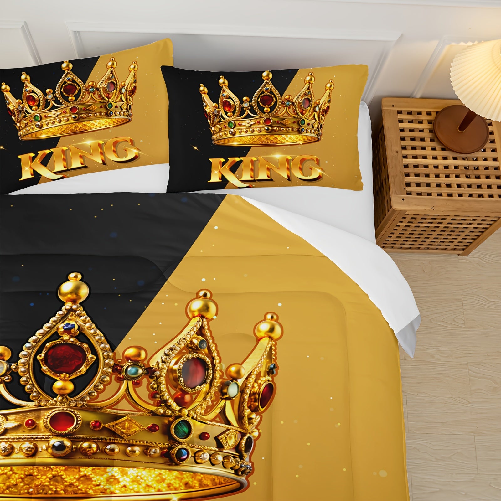 3pcs King Queen Crown Letter Print Quilt Set, Couple'S Quilt Set, Ruby Crown Print Black And Yellow Bedding Set, Valentine'S Day Themed Wedding Room Decor, 1 Quilt+2 Pillowcases (without Pillow Core)
