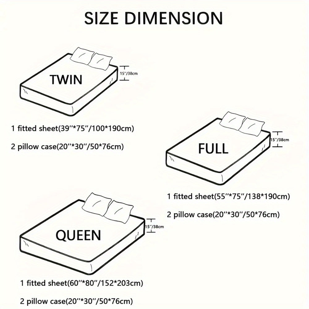 3pcs King Queen Fitted Sheets Black White Printed Bed Sheet Set for Bedroom Dormitory And Guest Decoration Couple Pattern Bedding Set1 Fitted Sheet + 2 Pillowcases Without Core