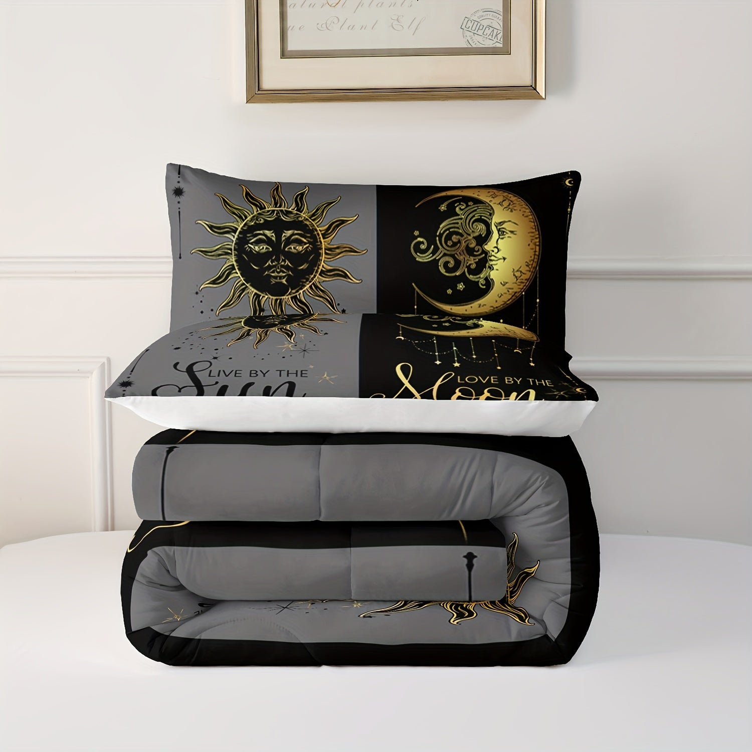 3-pcs Couple Comforter Set, Sun And Moon Themed Printed Bedding, Creative Design Queen And King Comforter Set For Adults Elegant And Comfortable Down Comforter Set (1*Comforter + 2*Pillowcase, Without Core)