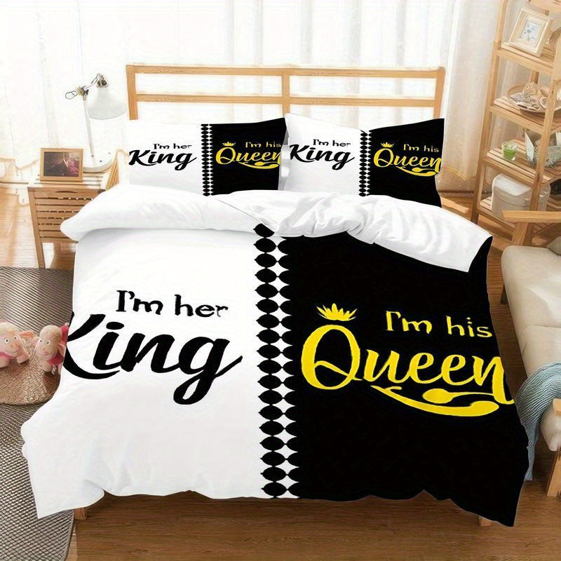 3pcs Couples King Queen Bedding Black White Design Duvet Cover with Pillowcases, His and Her Side Luxury Royal Crown Pattern, Romantic Valentine Gift Bedroom Decor, Soft Microfiber Fabric (1 + 2 Pillowcases)