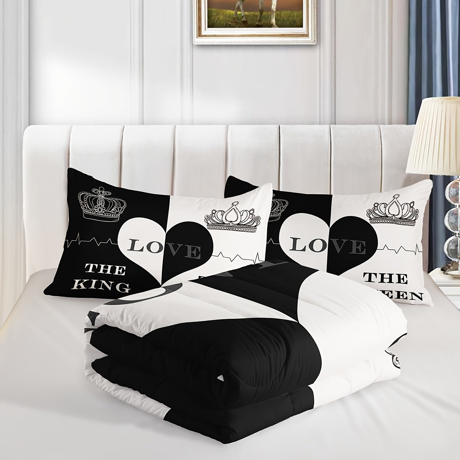 Black And White Love Pattern Comforter Set, Crown Print Bedding Sets, The King And Queen Soft Lightweight Bed Comforter Set Room Decoration, 1 Comforter Set 2 Pillowcases