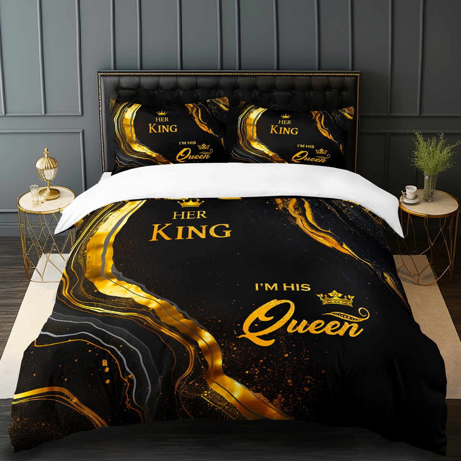 3pcs King Queen Couple 3D Digital Printed Duvet Cover Set Romantic Luxury Bedding Set for Four Season Black Golden Bedding for Bedroom or Guest Room Decor Polyester Comforter Cover Gift 1 Quilt Cover+2 Pillowcases