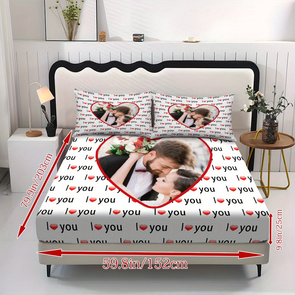Custom 3pcs I Love You Personalized Printed Bedding Set, Couple Fitted Sheet Set - 1*Fitted Sheet + 2*Pillowcases, Coreless Elegant Design, Soft & Breathable Light Beige-Friendly Bed Linens in Multiple Sizes, Perfect Home Decor with Comfortable Mattress