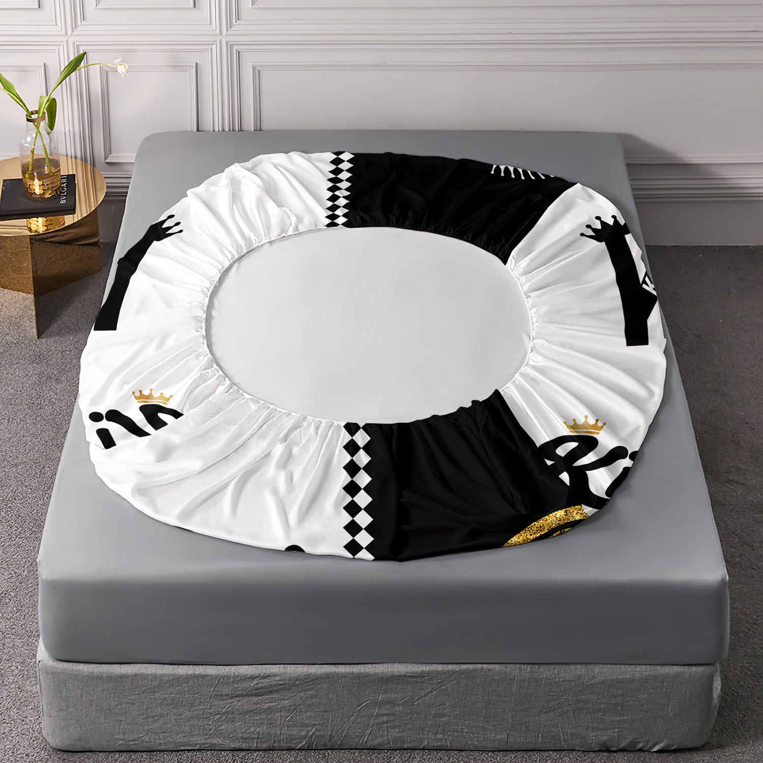 3pcs King Queen Fitted Sheets Black White Printed Bed Sheet Set for Bedroom Dormitory And Guest Decoration Couple Pattern Bedding Set1 Fitted Sheet + 2 Pillowcases Without Core