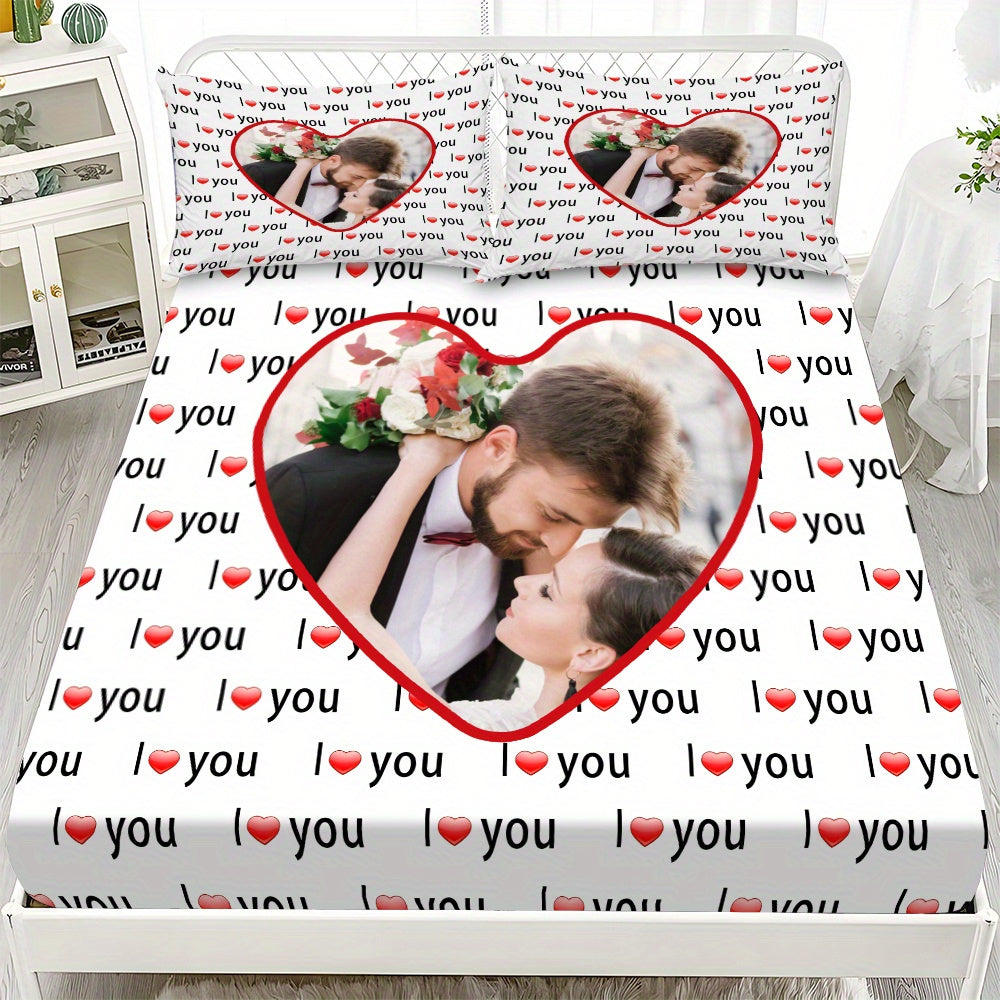 Custom 3pcs I Love You Personalized Printed Bedding Set, Couple Fitted Sheet Set - 1*Fitted Sheet + 2*Pillowcases, Coreless Elegant Design, Soft & Breathable Light Beige-Friendly Bed Linens in Multiple Sizes, Perfect Home Decor with Comfortable Mattress