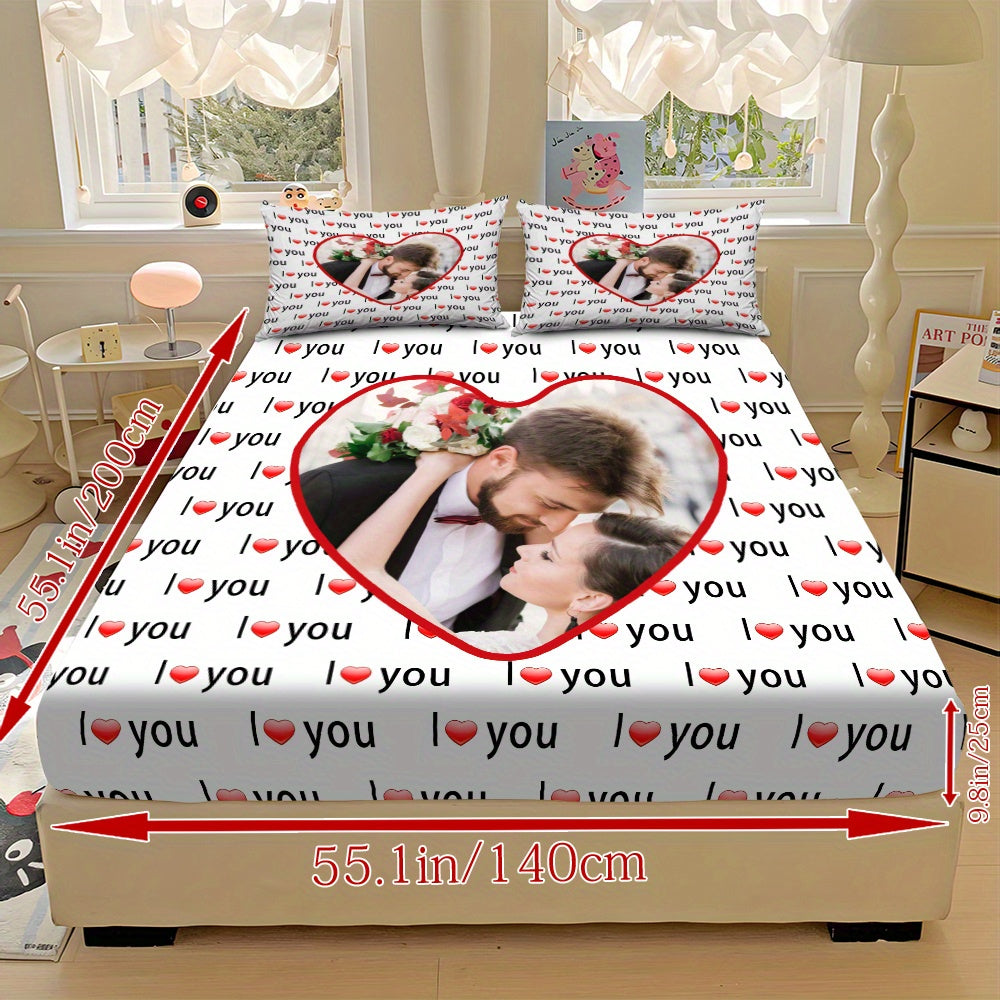 Custom 3pcs I Love You Personalized Printed Bedding Set, Couple Fitted Sheet Set - 1*Fitted Sheet + 2*Pillowcases, Coreless Elegant Design, Soft & Breathable Light Beige-Friendly Bed Linens in Multiple Sizes, Perfect Home Decor with Comfortable Mattress