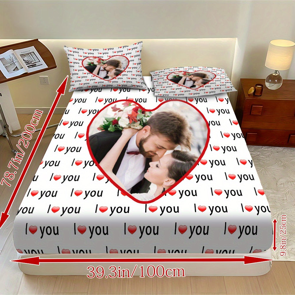 Custom 3pcs I Love You Personalized Printed Bedding Set, Couple Fitted Sheet Set - 1*Fitted Sheet + 2*Pillowcases, Coreless Elegant Design, Soft & Breathable Light Beige-Friendly Bed Linens in Multiple Sizes, Perfect Home Decor with Comfortable Mattress