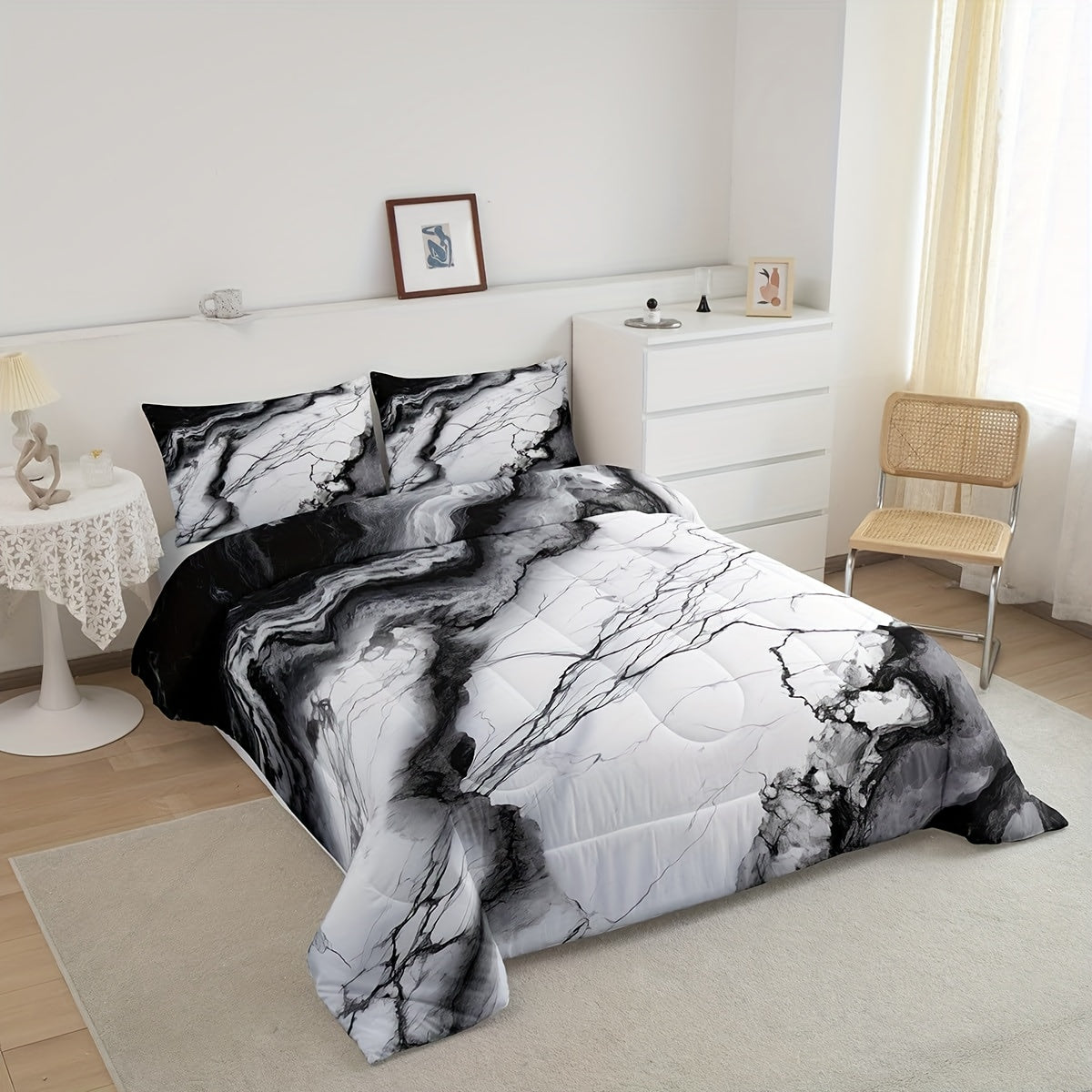 3pcs Marble Print Comforter Set Full/Queen/King Size Marbling Abstract Stone Texture Bedding Set Artwork Chinese Style Comforter Black White Grey for Women Men Adults Living Room Bedroom Decor with 1 Comforter And 2 Pillowcases Ink Wash Painting, Home
