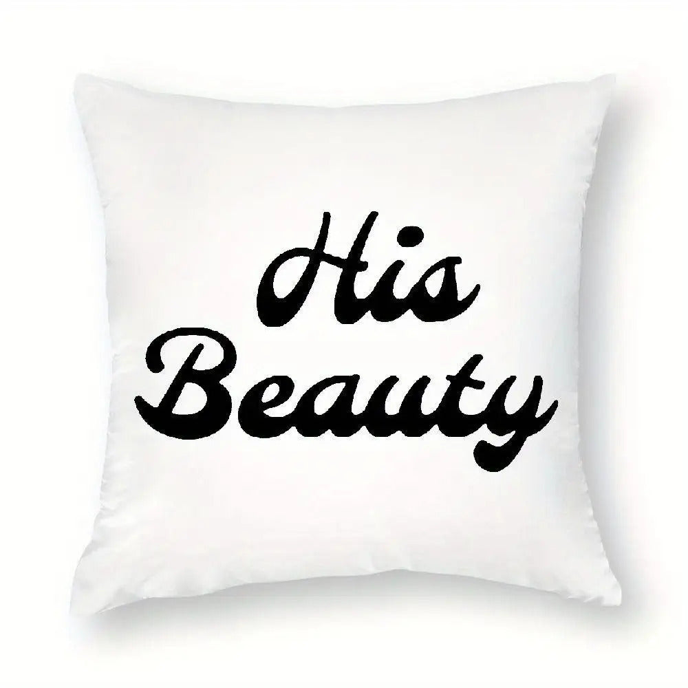 His & Hers Couple's Pillowcase - Funny Romantic Gift with His Beauty & Her Name/Initials, Elegant Cursive Lettering on White, Zipper Closure, Hand Wash Only, Retro Style Matching Bedding for Couples