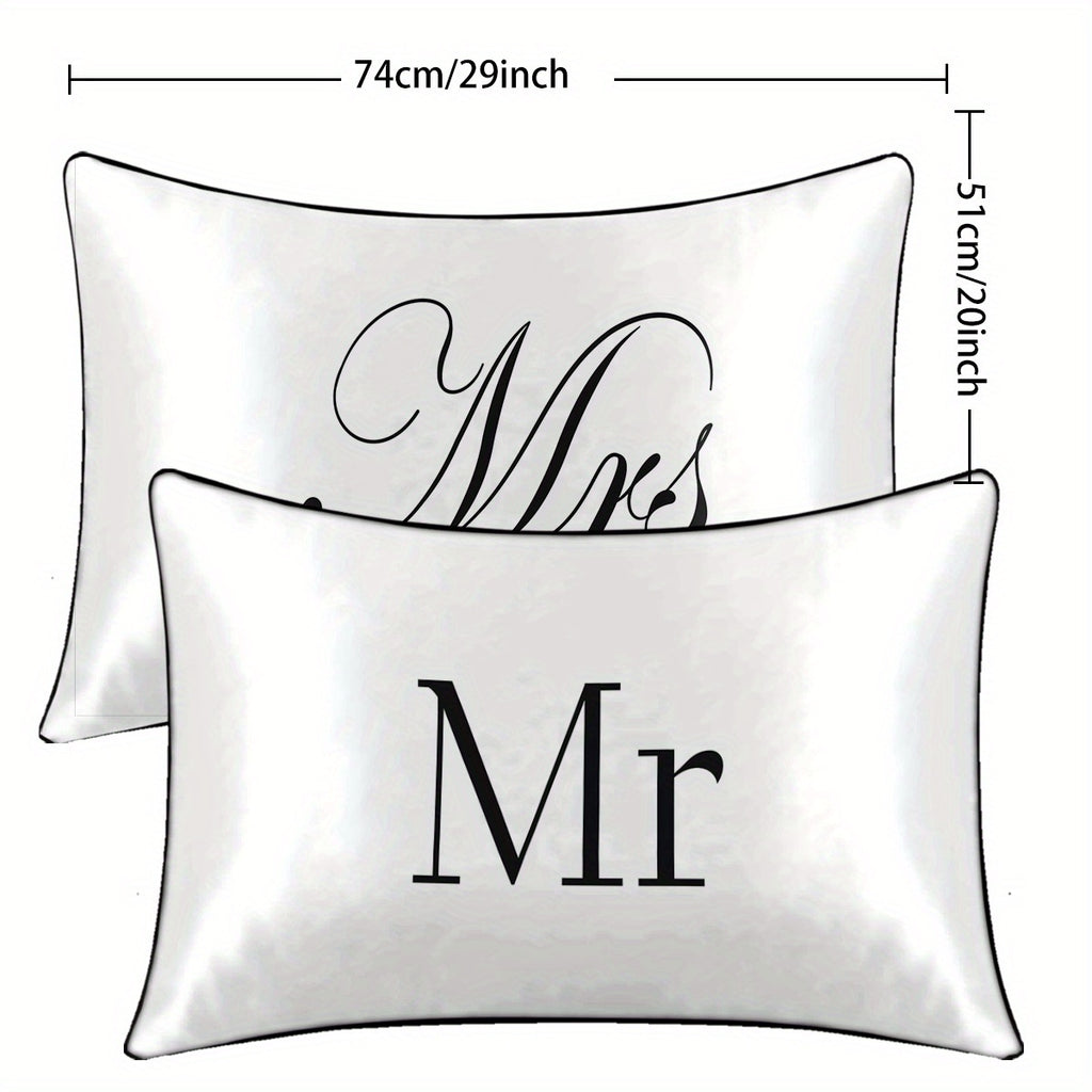 2pcs Mr & Mrs Print Satin Pillowcases - Elegant Script Design, 100% Polyester, Envelope Closure, All-Season Luxury Bedding for Couples, Machine Washable, Bedding Accessories, Sophisticated Design, Smooth Texture