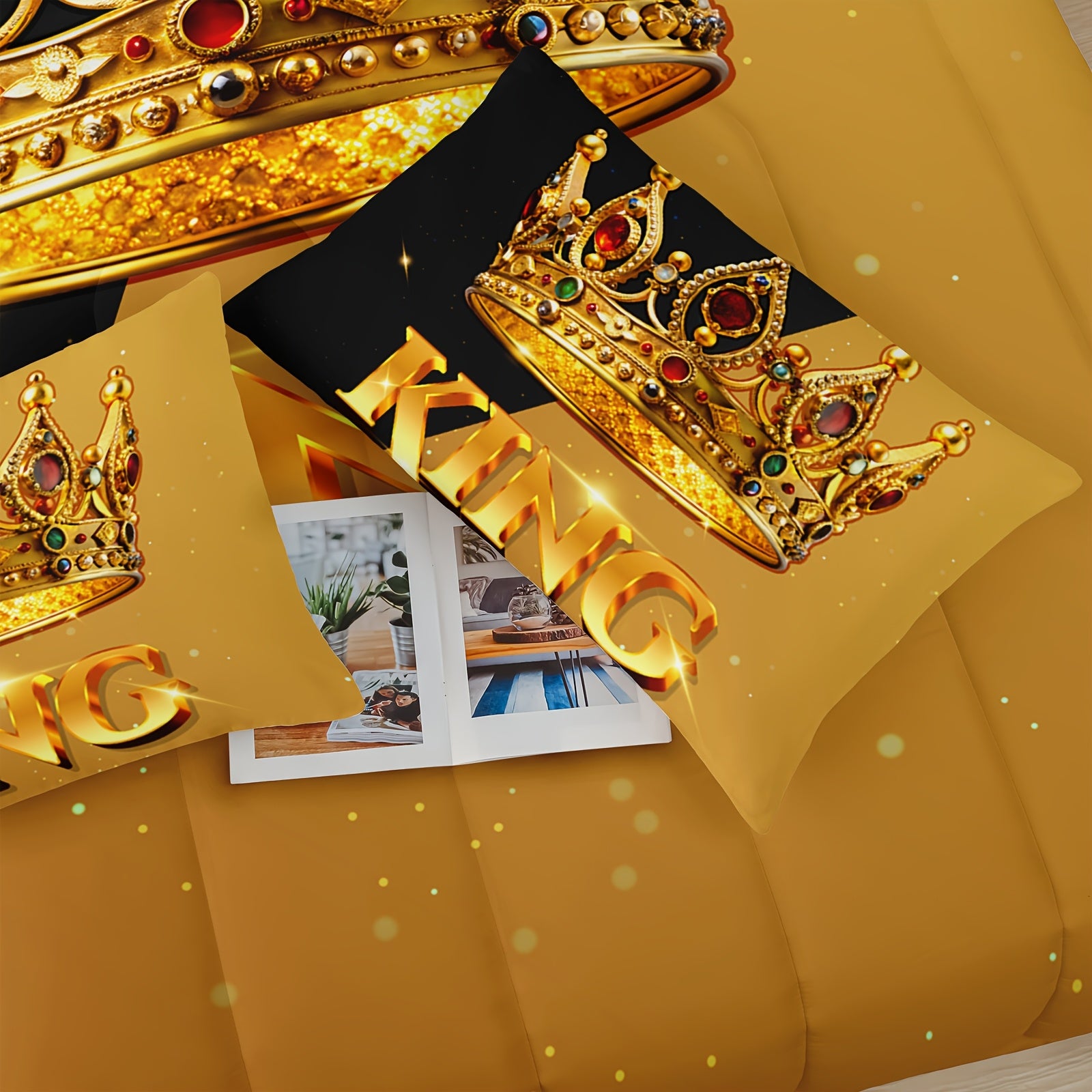 3pcs King Queen Crown Letter Print Quilt Set, Couple'S Quilt Set, Ruby Crown Print Black And Yellow Bedding Set, Valentine'S Day Themed Wedding Room Decor, 1 Quilt+2 Pillowcases (without Pillow Core)