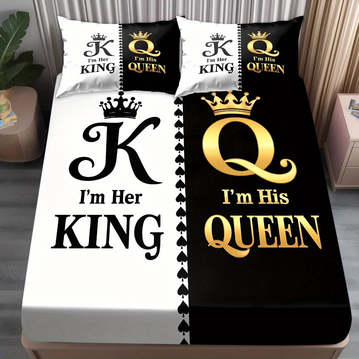 King & Queen Print Bedding Set 3pcs, Soft Cozy Non-Slip Lightweight Fitted Sheet with Elastic Corners And Matching Pillowcases, Fashion-Forwad Decorations for Dorm Bedroom Apartment Hotel, Idea for Christmas Birthday Gifts