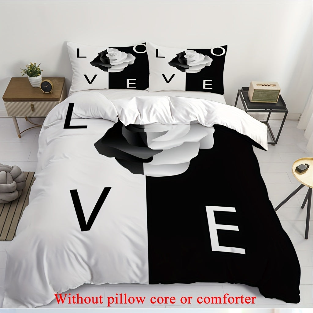 2/3pcs (1 Duvet Cover + 1/2 Pillowcase, Without Core) Black and White Background Rose Flowers Romantic Valentine's Day Lover Couple 3D Print Soft Comfortable Bedding Set for Bedroom Dorm Room Family Gift
