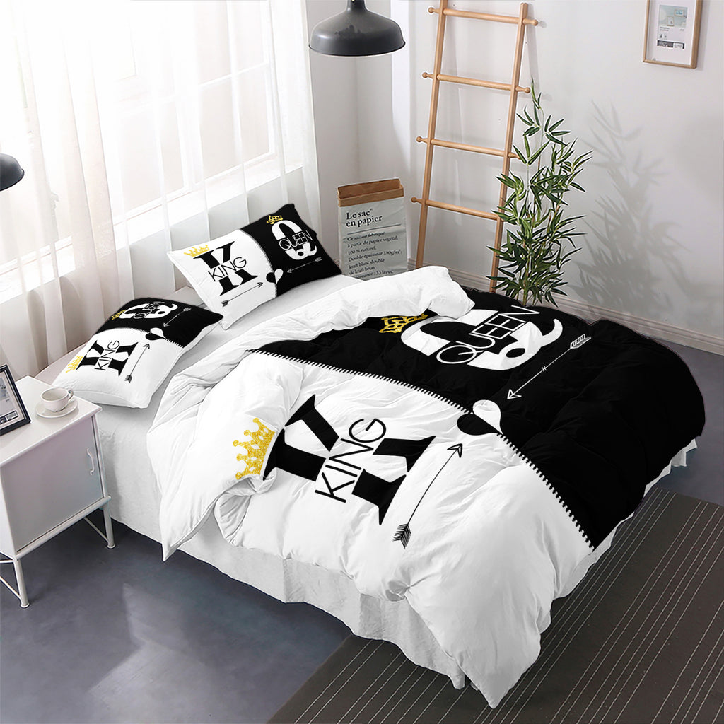 3pcs King Queen Duvet Cover Set Black White Couple Bedding Set Romantic Bedroom Decor Four Seasons (1Duvet Cover + 2Pillowcases NO Comforter)
