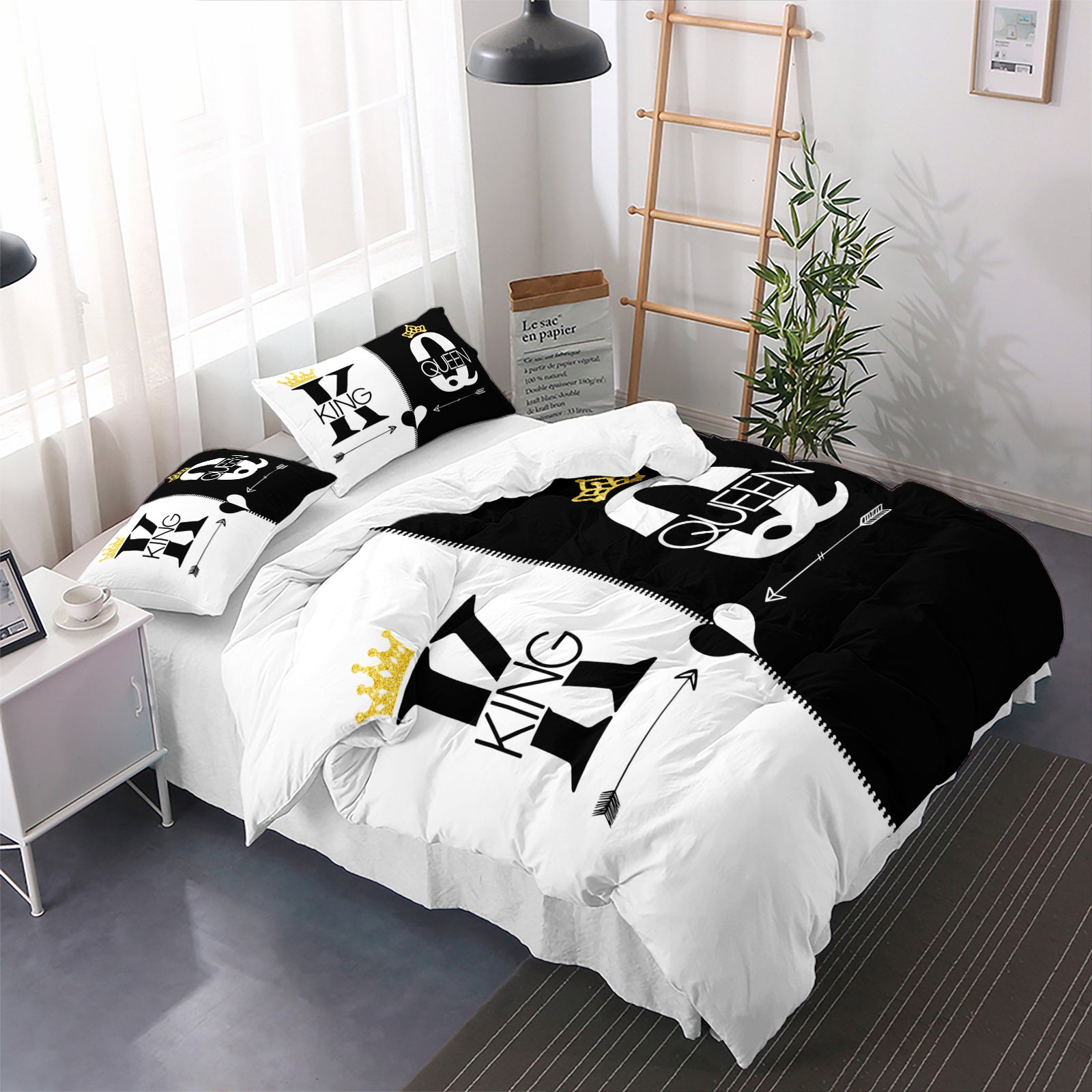3pcs King Queen Duvet Cover Set Black White Couple Bedding Set Romantic Bedroom Decor Four Seasons (1Duvet Cover + 2Pillowcases NO Comforter)
