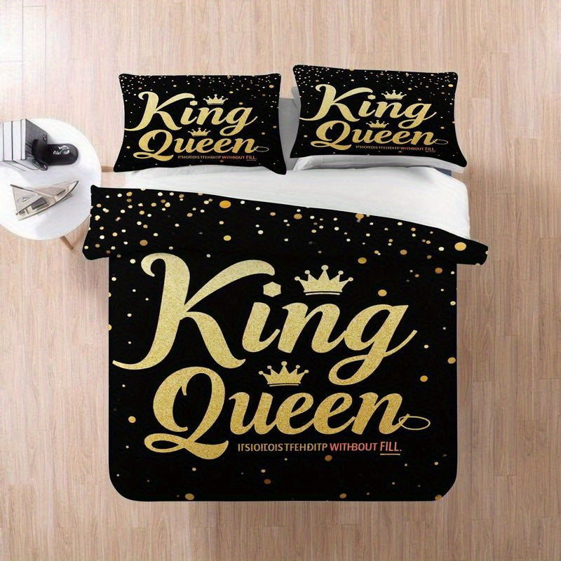 3pcs Luxury King Queen Crown Bedding Golden Letter Print Duvet Cover, Modern Romantic Black Theme Bedroom Decor, Soft Polyester Fabric for Master Guest Room 1 Duvet Cover+2 Pillowcases, Queen Size Bedding Set, King Size Christmas Bedding Sets, Queen Bed
