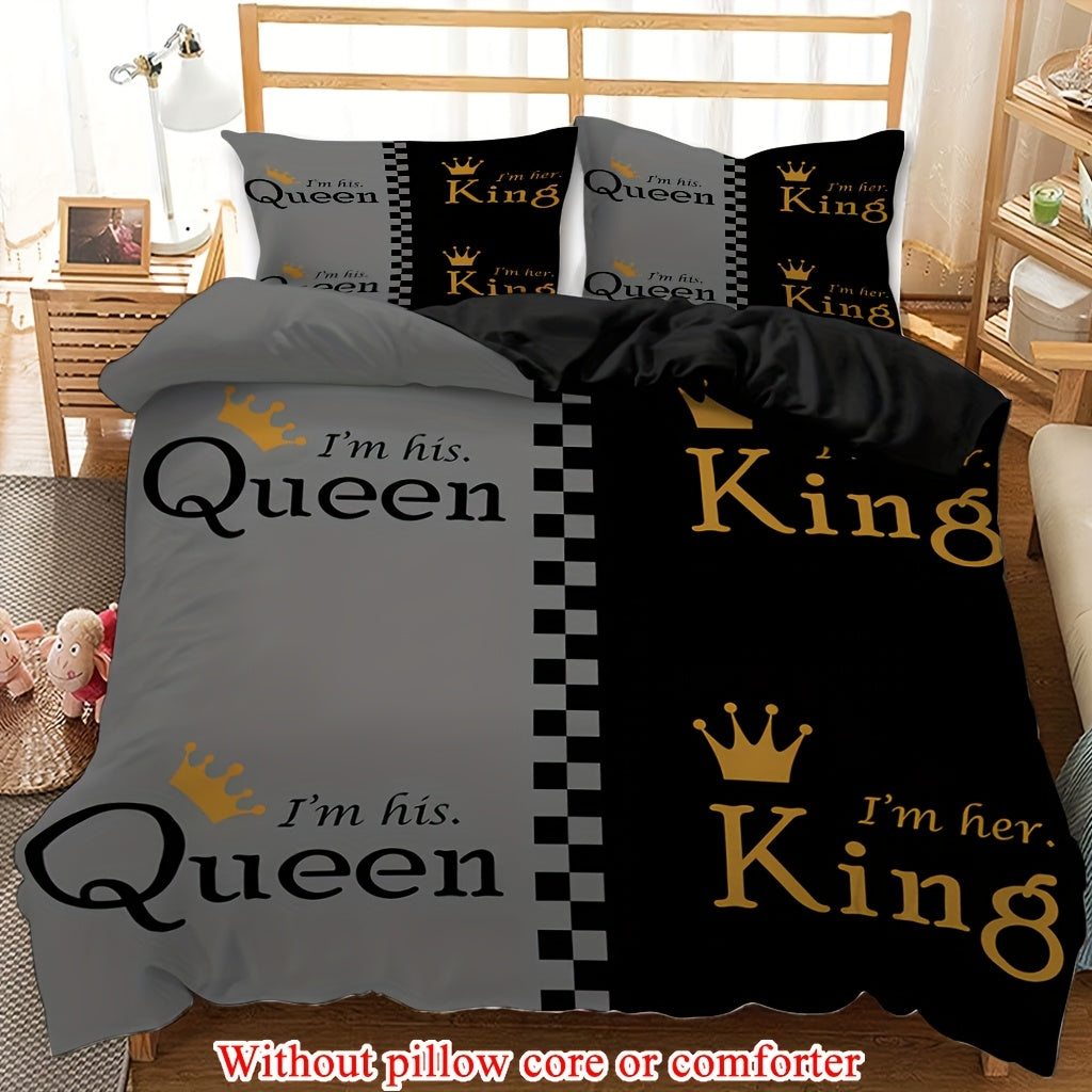 2/3pcs (1 Duvet Cover + 1/2 Pillowcase, Without Core) Couple Grey Black King Queen Crown Geometric Grid Valentine's Day Romantic Love Print Soft Comfortable Bedding Set for Bedroom Dorm Room Family Gift