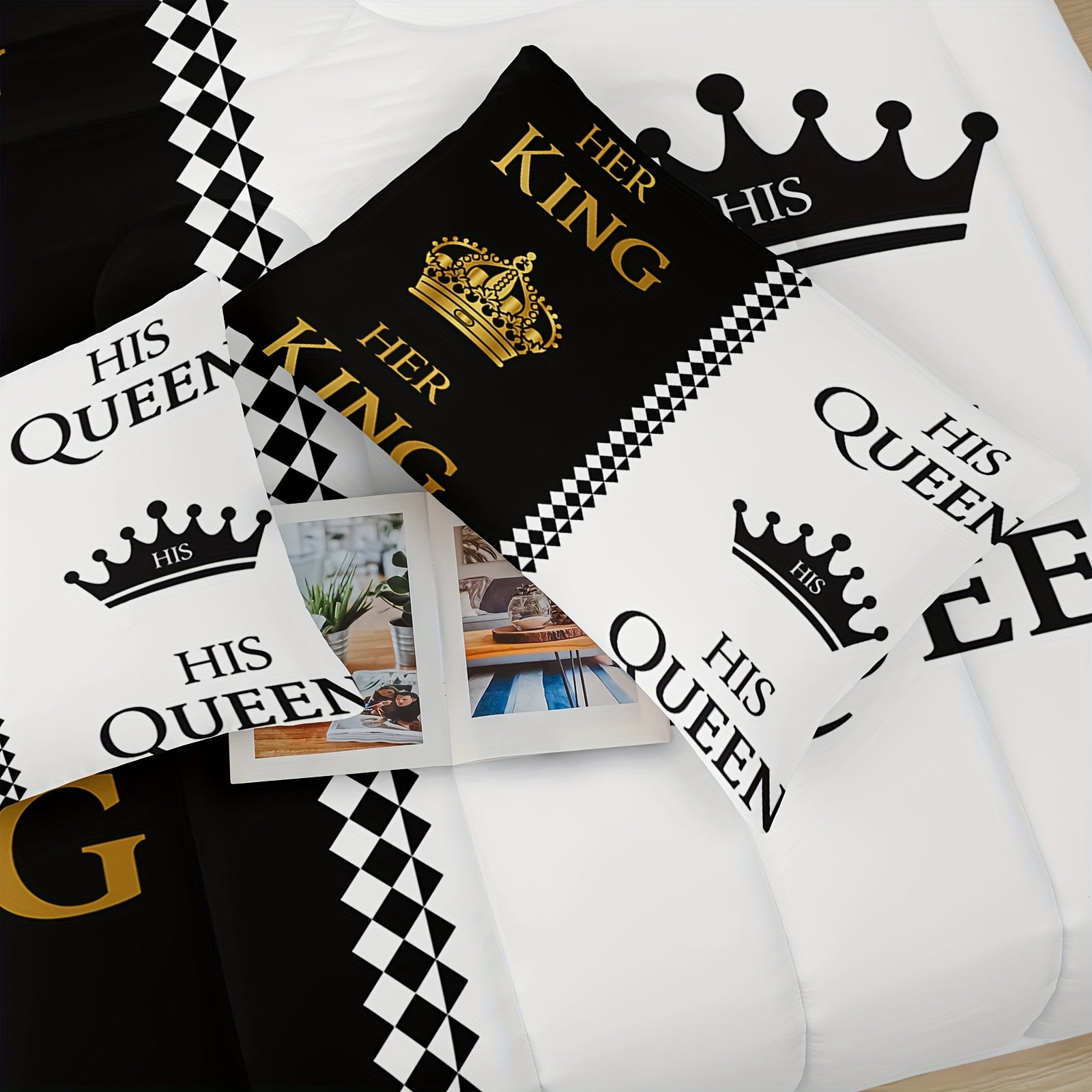 3pcs Queen And King Crown Letter Print Couple Comforter Set, His And Hers Quilt Set Black White Golden Bedding Set, Romantic Valentine'S Day Theme Mr Mrs Bedding Set for Bedroom Decor, Soft Microfiber Couple Comforter Set with 2 Pillowcase