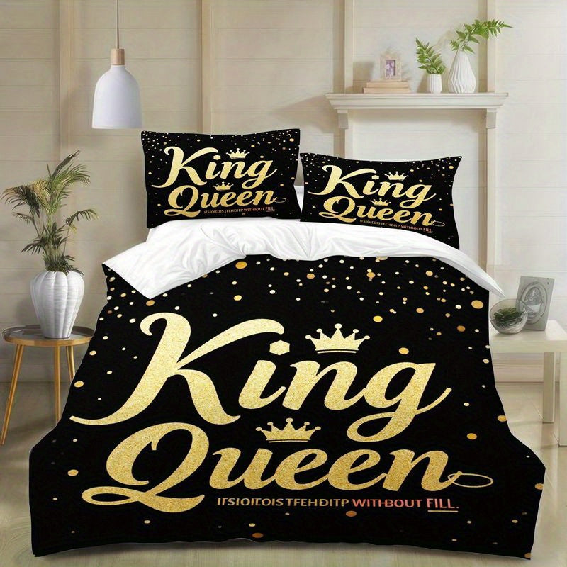 3pcs Luxury King Queen Crown Bedding Golden Letter Print Duvet Cover, Modern Romantic Black Theme Bedroom Decor, Soft Polyester Fabric for Master Guest Room 1 Duvet Cover+2 Pillowcases, Queen Size Bedding Set, King Size Christmas Bedding Sets, Queen Bed