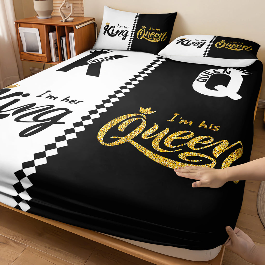 3pcs King Queen Fitted Sheets Black White Printed Bed Sheet Set for Bedroom Dormitory And Guest Decoration Couple Pattern Bedding Set1 Fitted Sheet + 2 Pillowcases Without Core