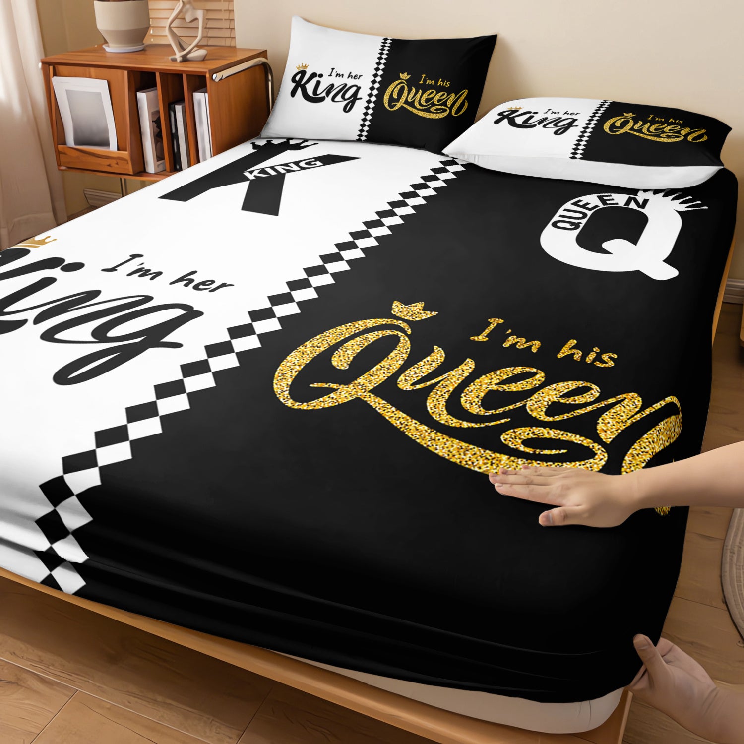 3pcs King Queen Fitted Sheets Black White Printed Bed Sheet Set for Bedroom Dormitory And Guest Decoration Couple Pattern Bedding Set1 Fitted Sheet + 2 Pillowcases Without Core