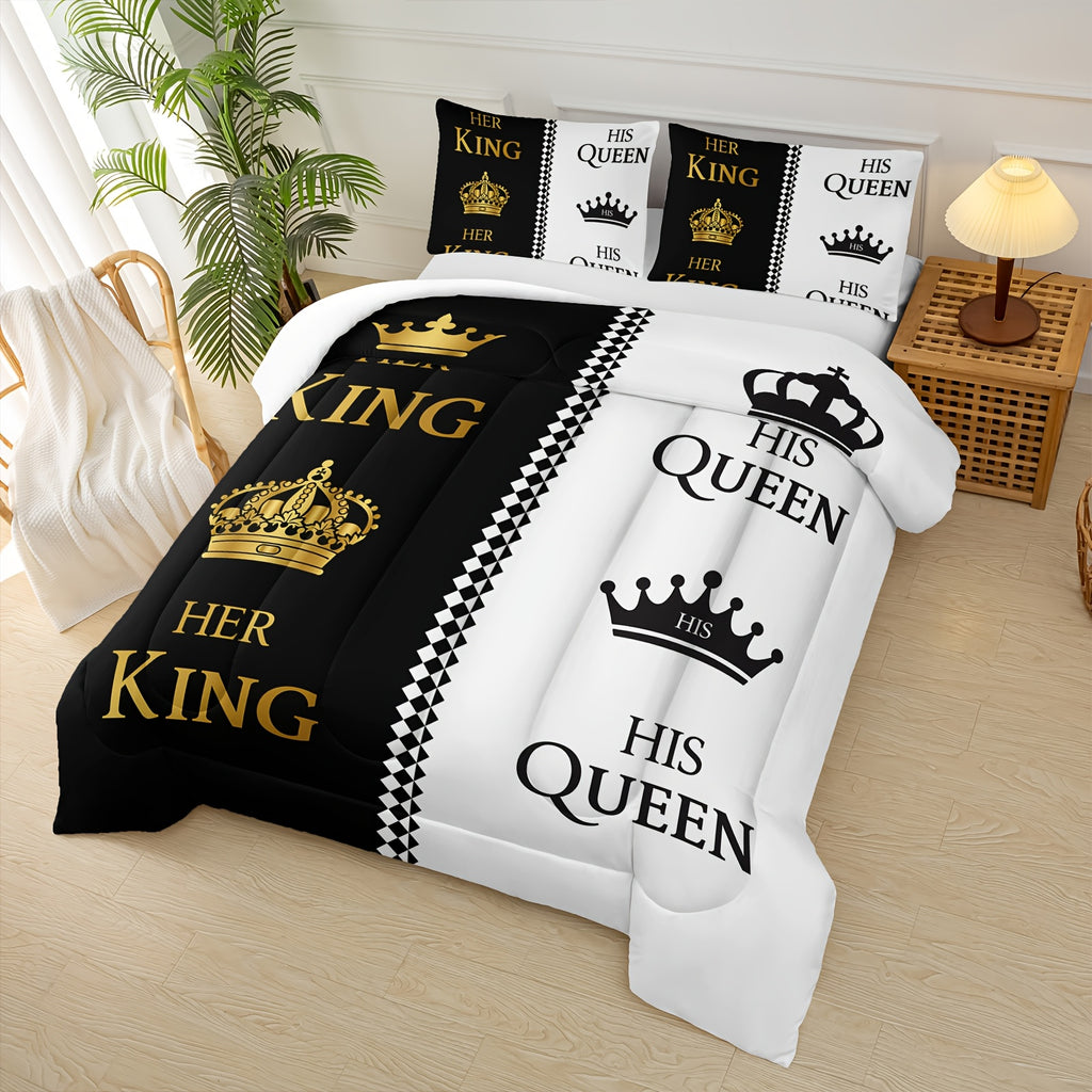 3pcs Queen And King Crown Letter Print Couple Comforter Set, His And Hers Quilt Set Black White Golden Bedding Set, Romantic Valentine'S Day Theme Mr Mrs Bedding Set for Bedroom Decor, Soft Microfiber Couple Comforter Set with 2 Pillowcase