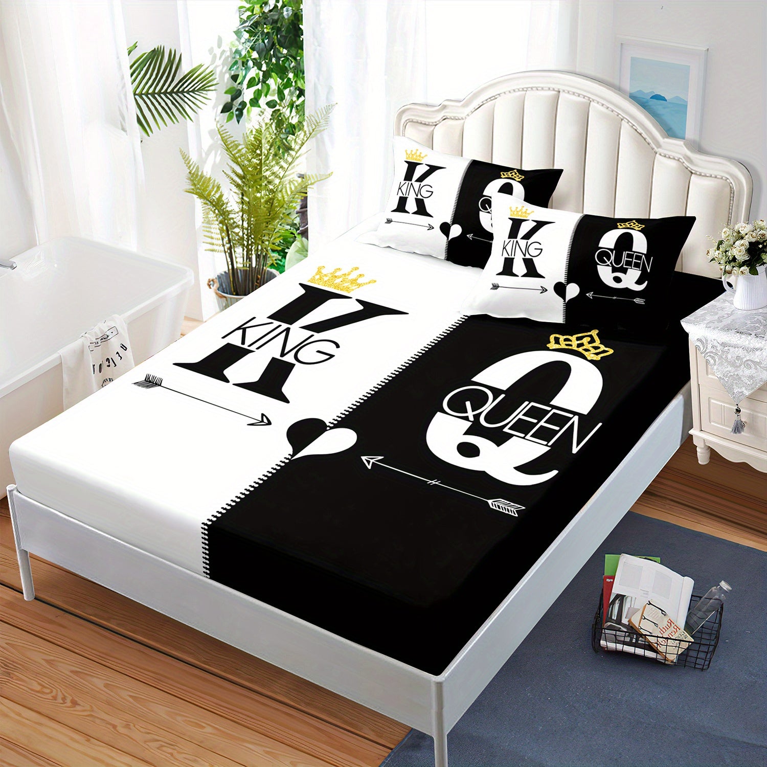 3pcs King Queen Couple Bedding Fitted Sheets Set Black White Printed Bed Sheet Set for BedroomDormitory and Guest Room DecorationKing and Queen Crown Pattern Bedding Set1 Fitted Sheet+2 Pillowcases without core